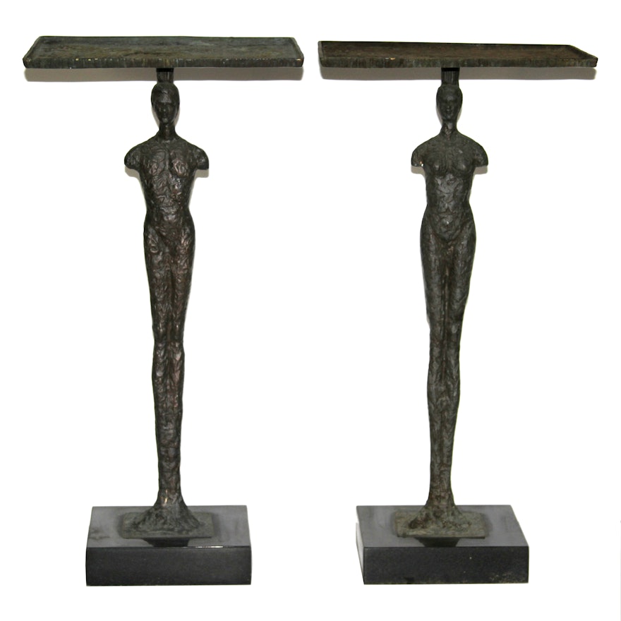 Brutalist-Style Patinated Bronze Tone Tables with Figural Pedestals