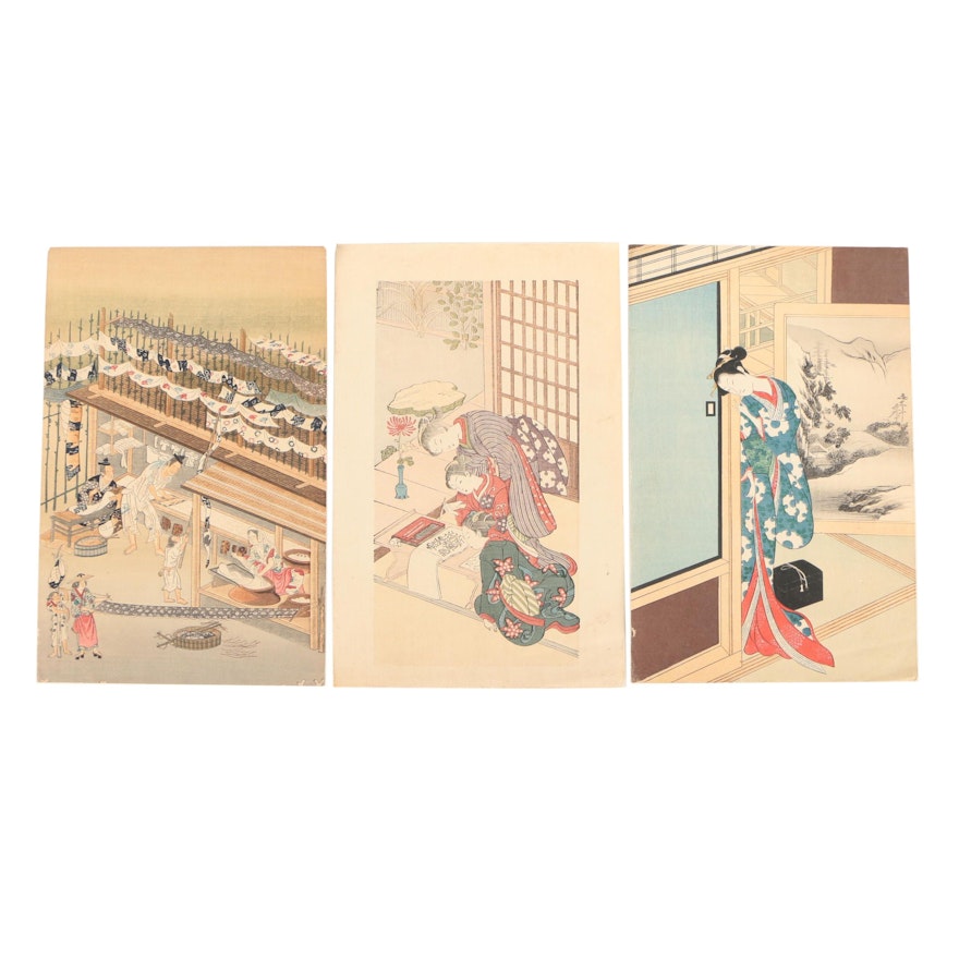 Assortment of East Asian Woodblock Prints of Various Scenes