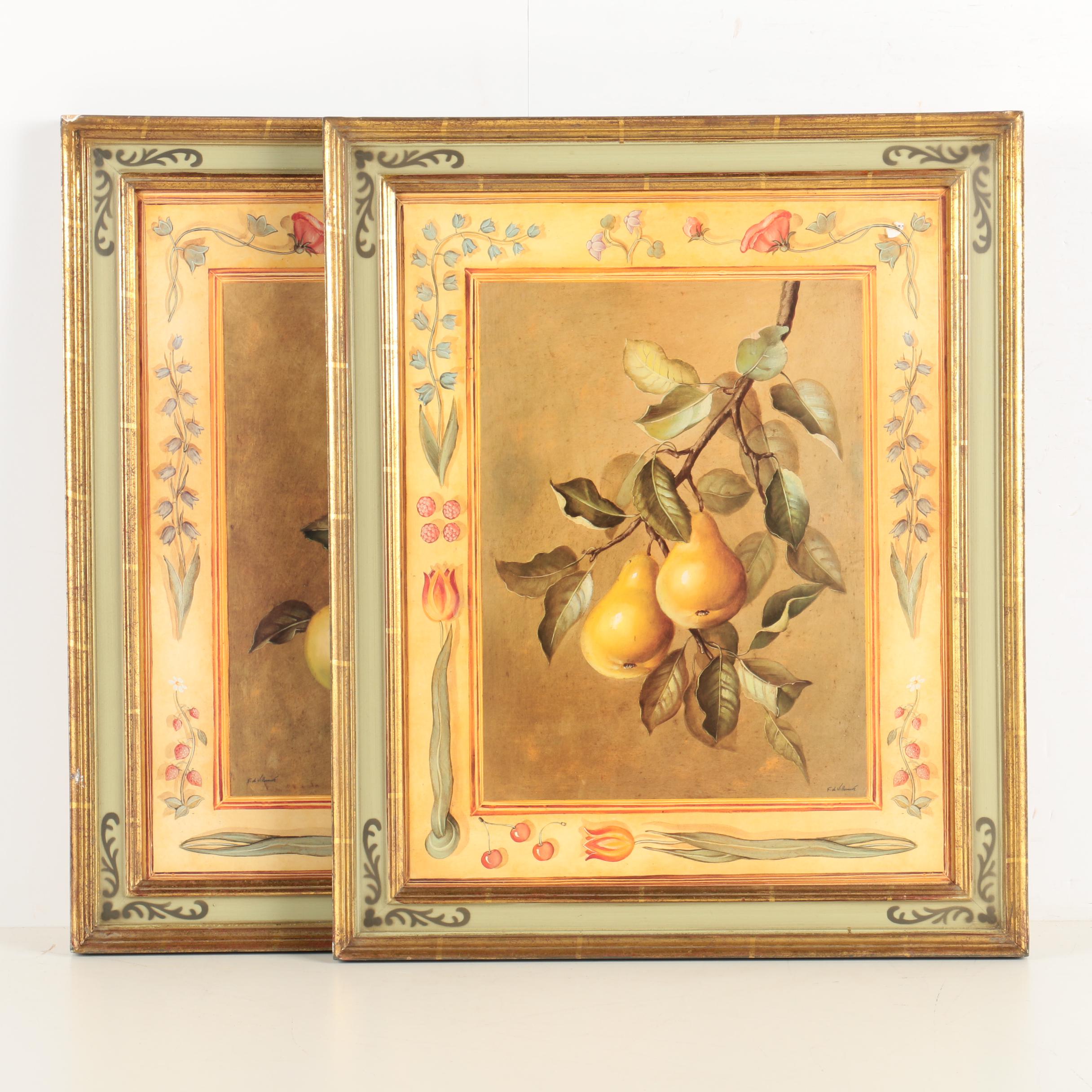 Two Offset Lithograph Prints After De Villenueve Still Life Paintings of Fruit