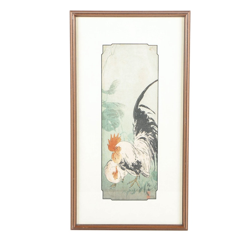 Japanese Woodblock Print of a Hen and Rooster