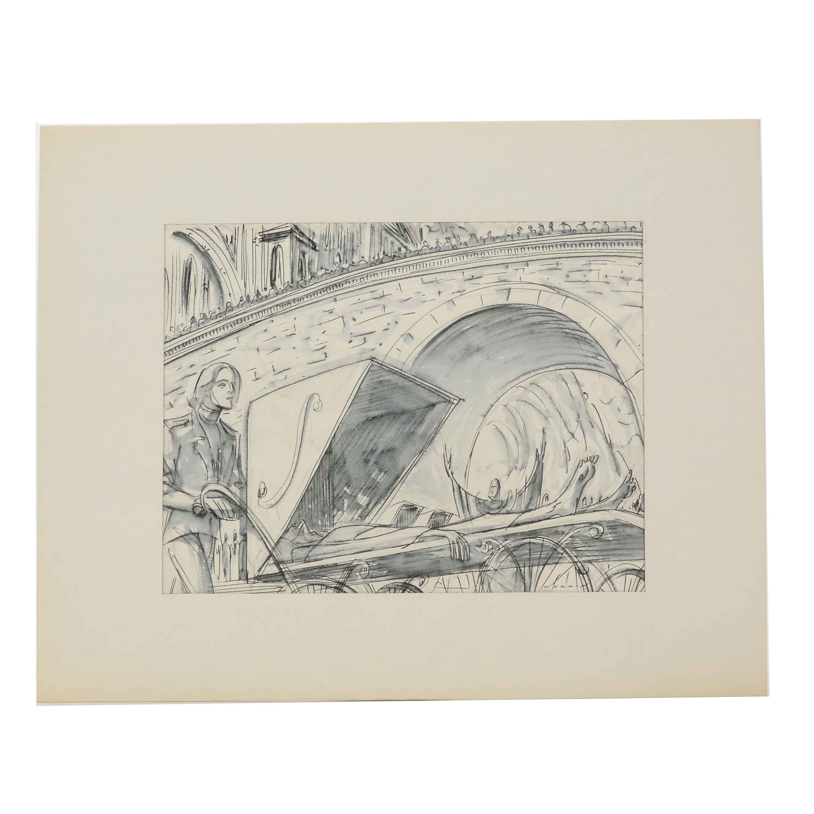 Sam Norkin Original Ink Wash Illustration "France: Lourdes"