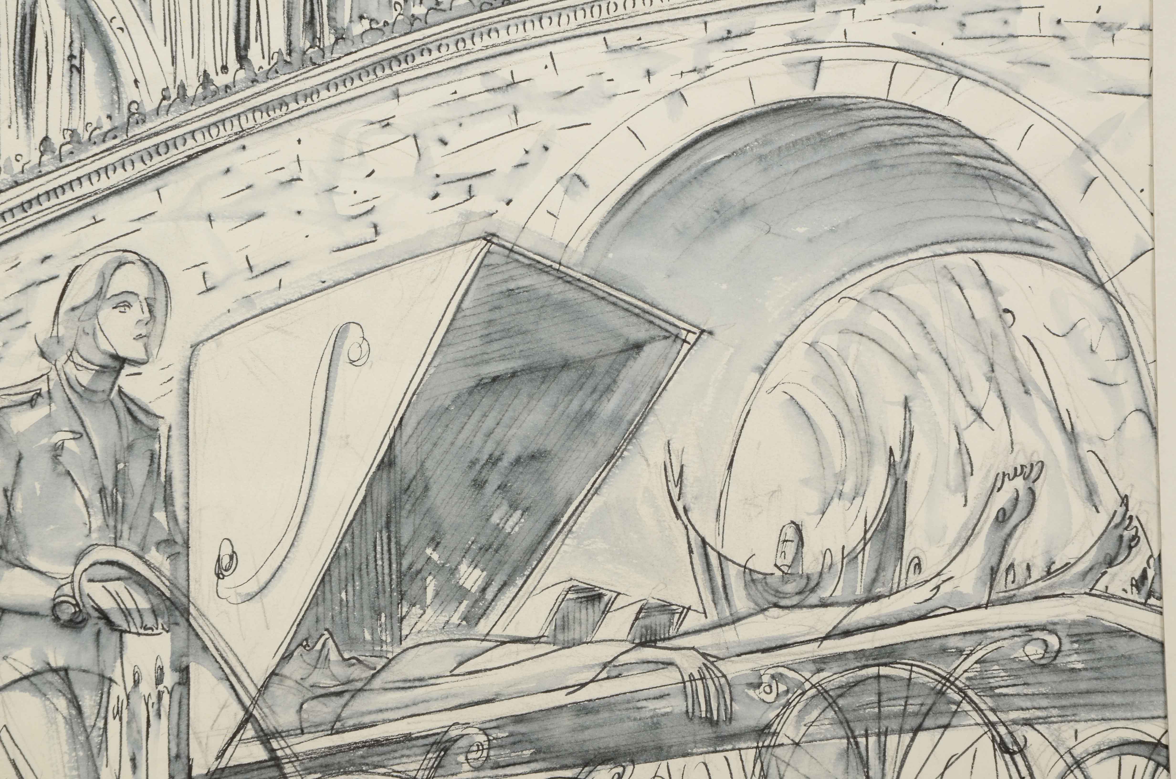 Sam Norkin Original Ink Wash Illustration "France: Lourdes"