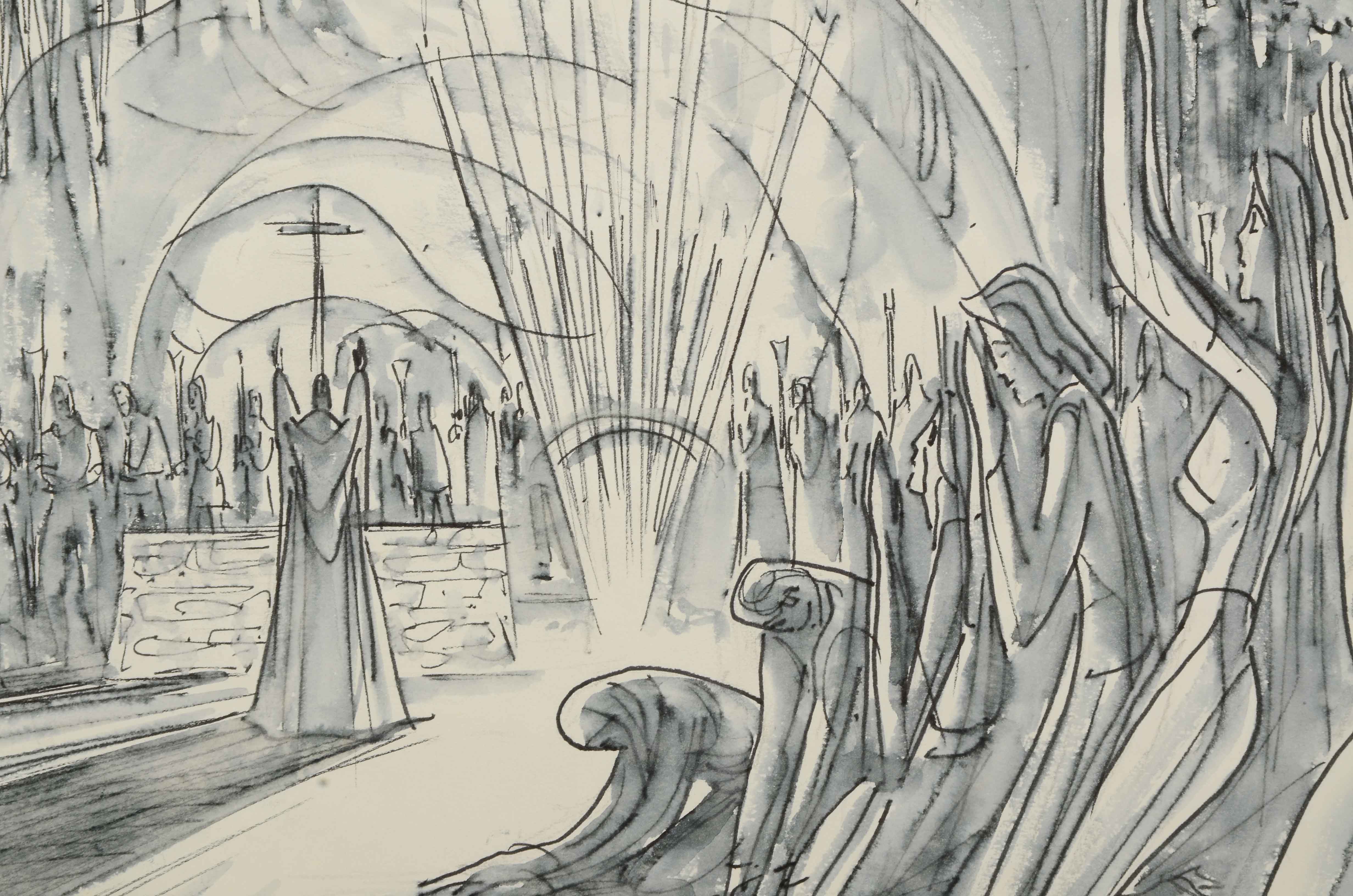 Sam Norkin Original Ink Wash Illustration "France: Lourdes"