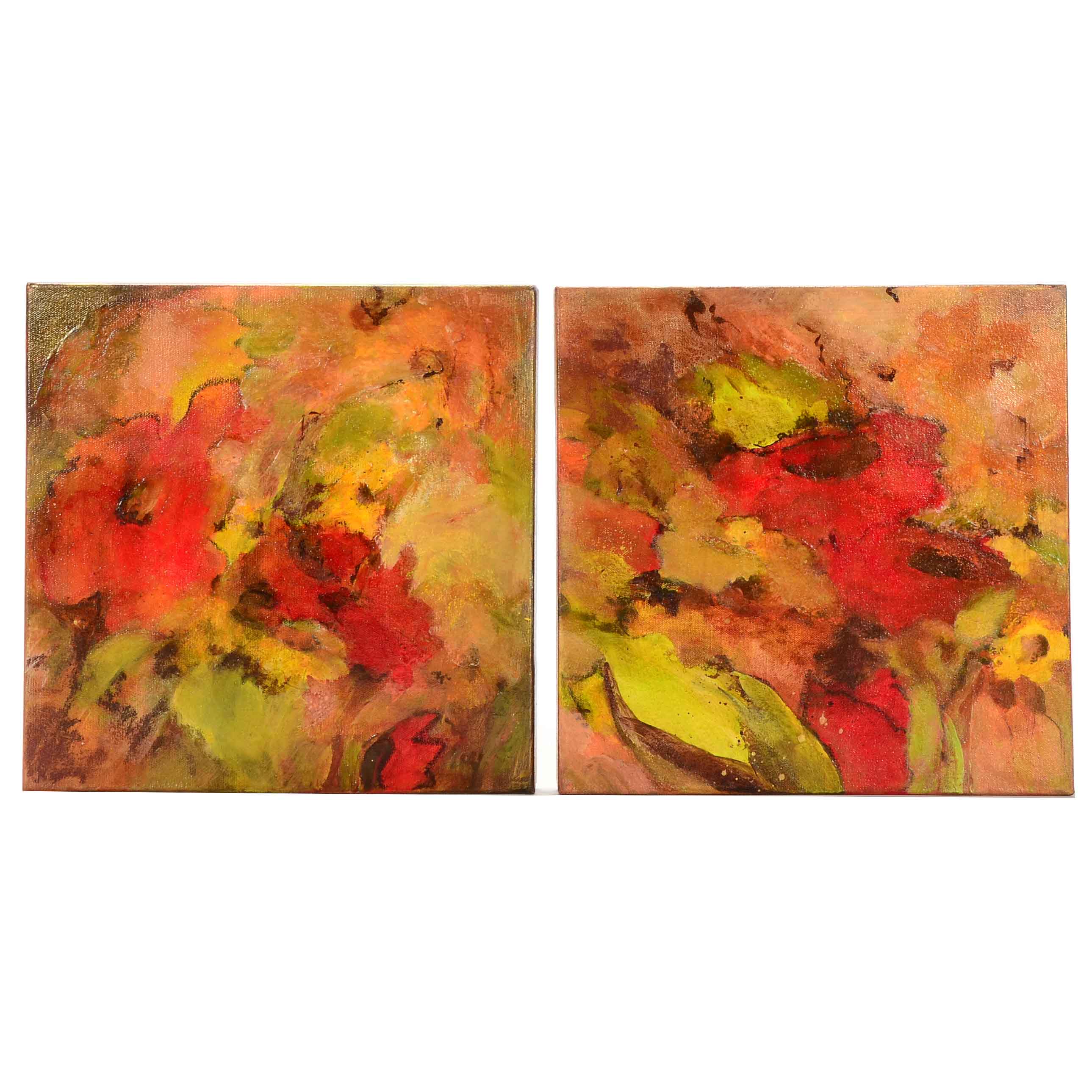 Original Mixed Media on Canvas Diptych "Abstract Flowers"