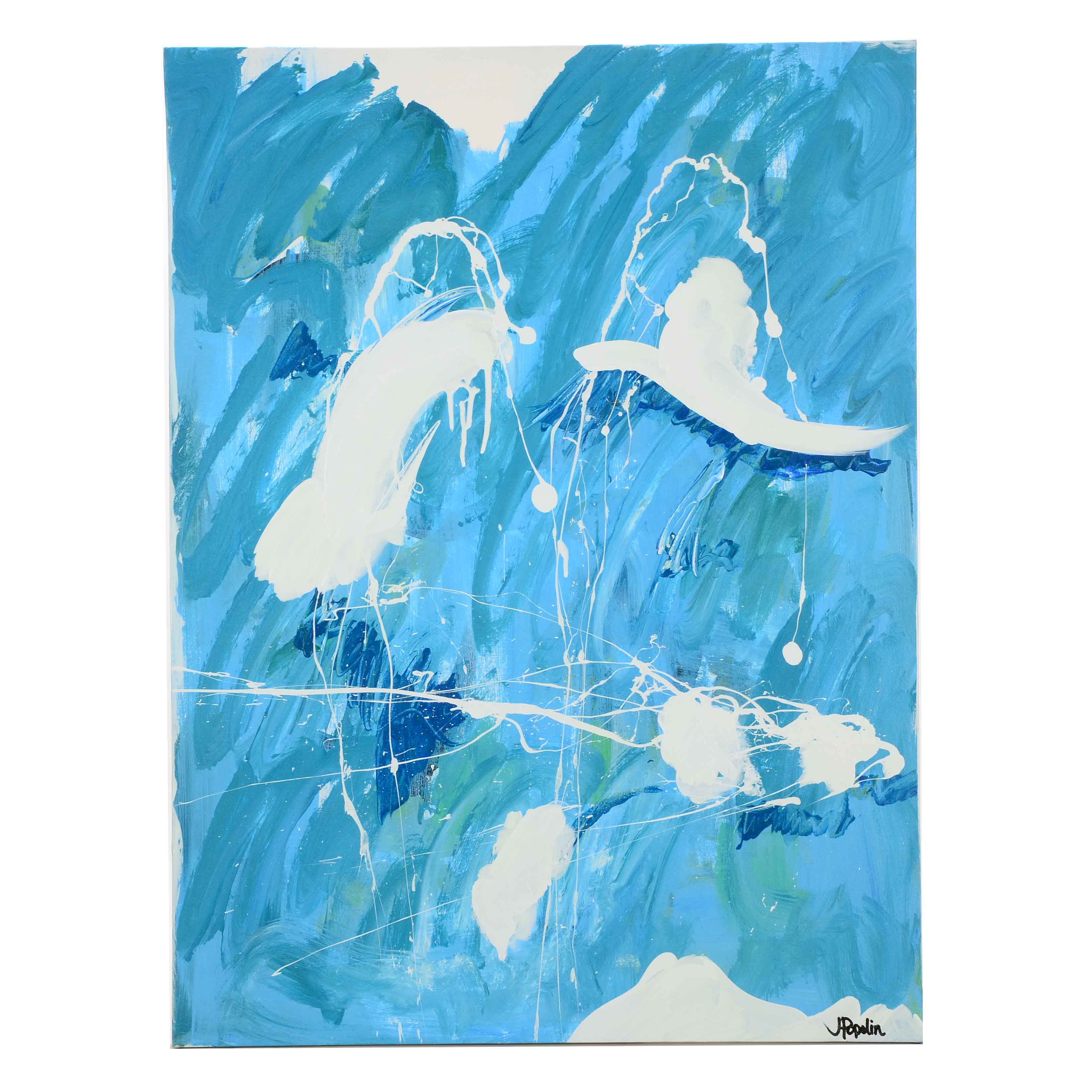 J. Popolin Abstract Acrylic Painting "Blue Green White Swirls"