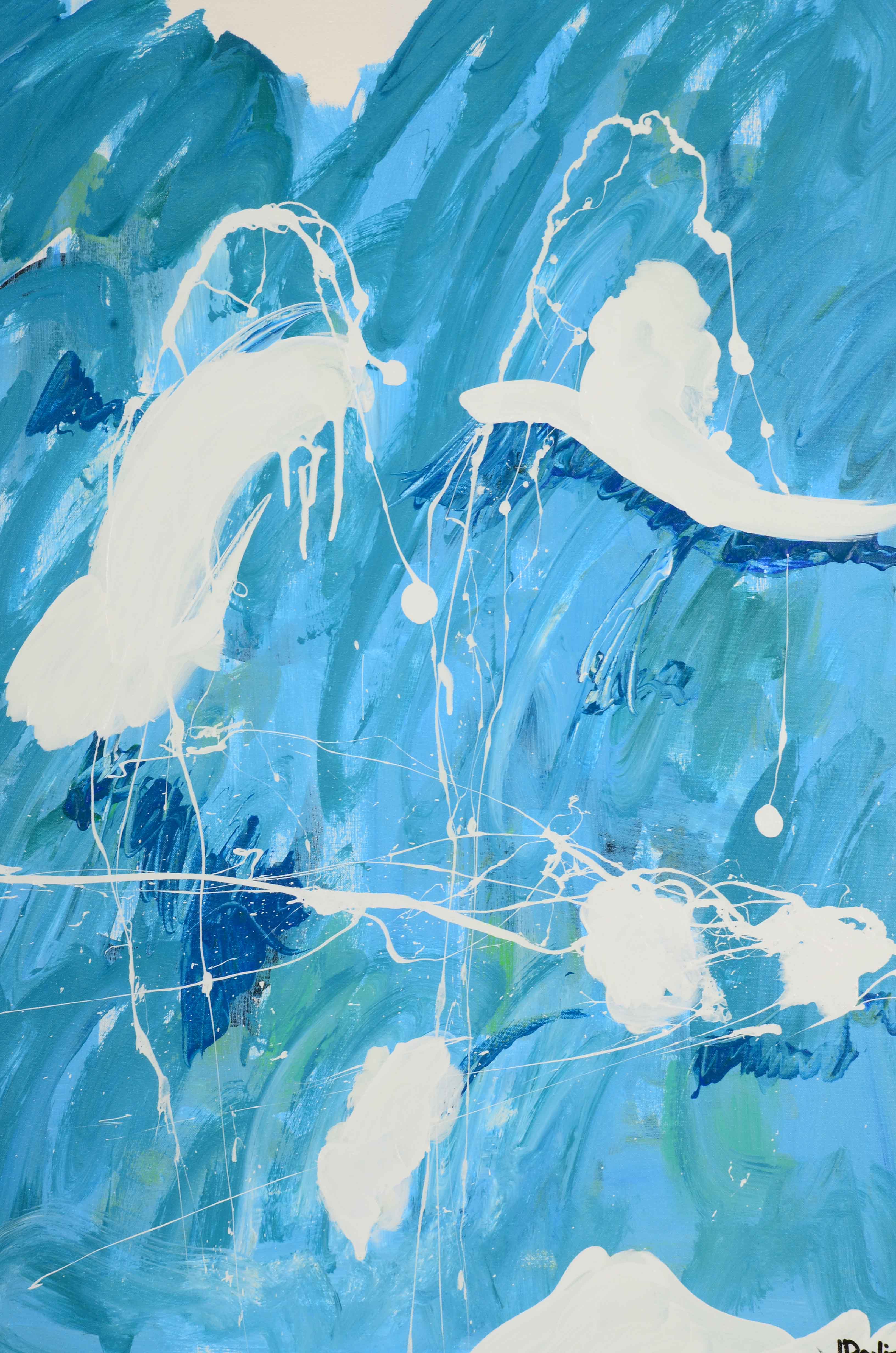 J. Popolin Abstract Acrylic Painting "Blue Green White Swirls"