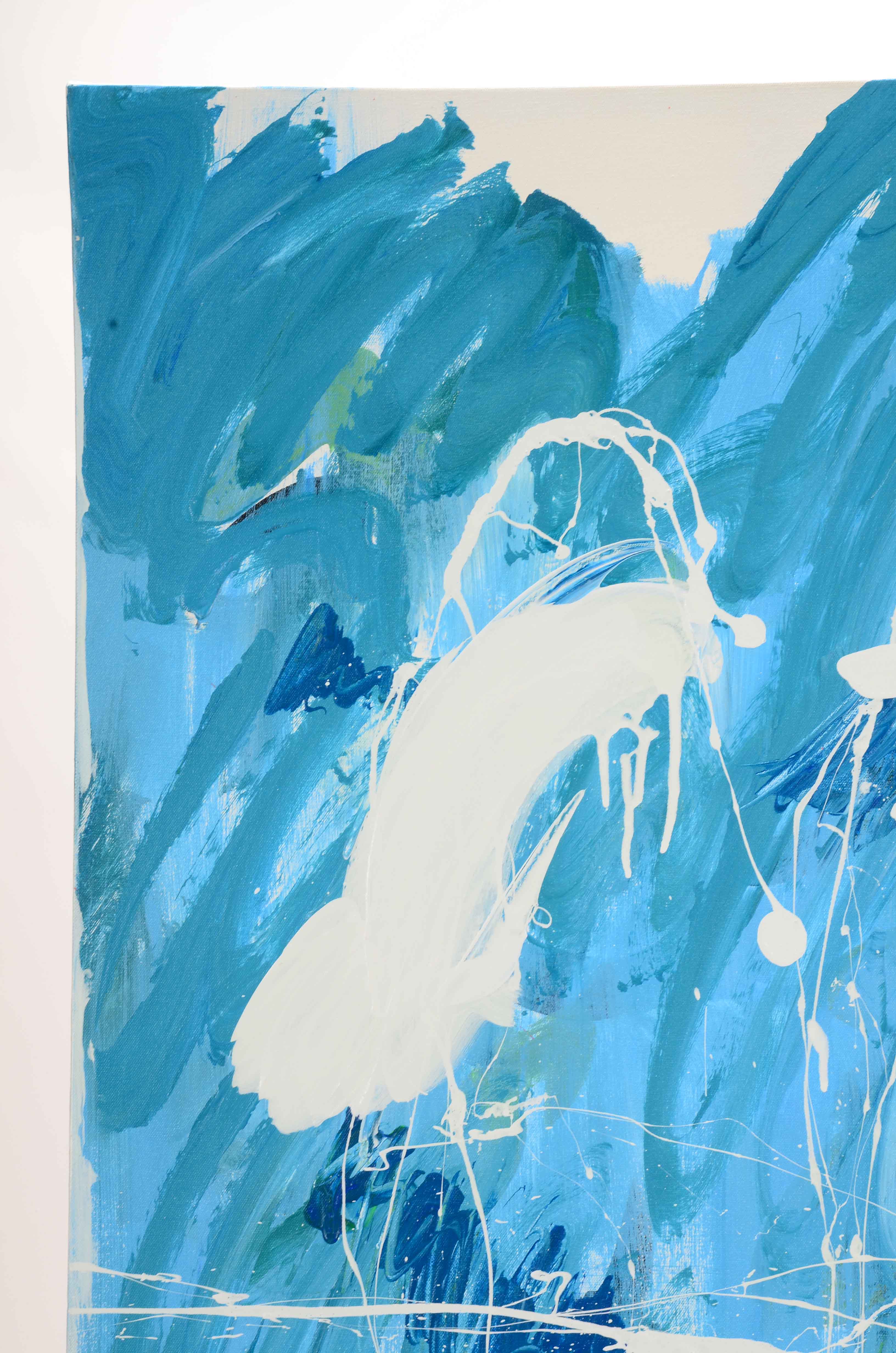 J. Popolin Abstract Acrylic Painting "Blue Green White Swirls"