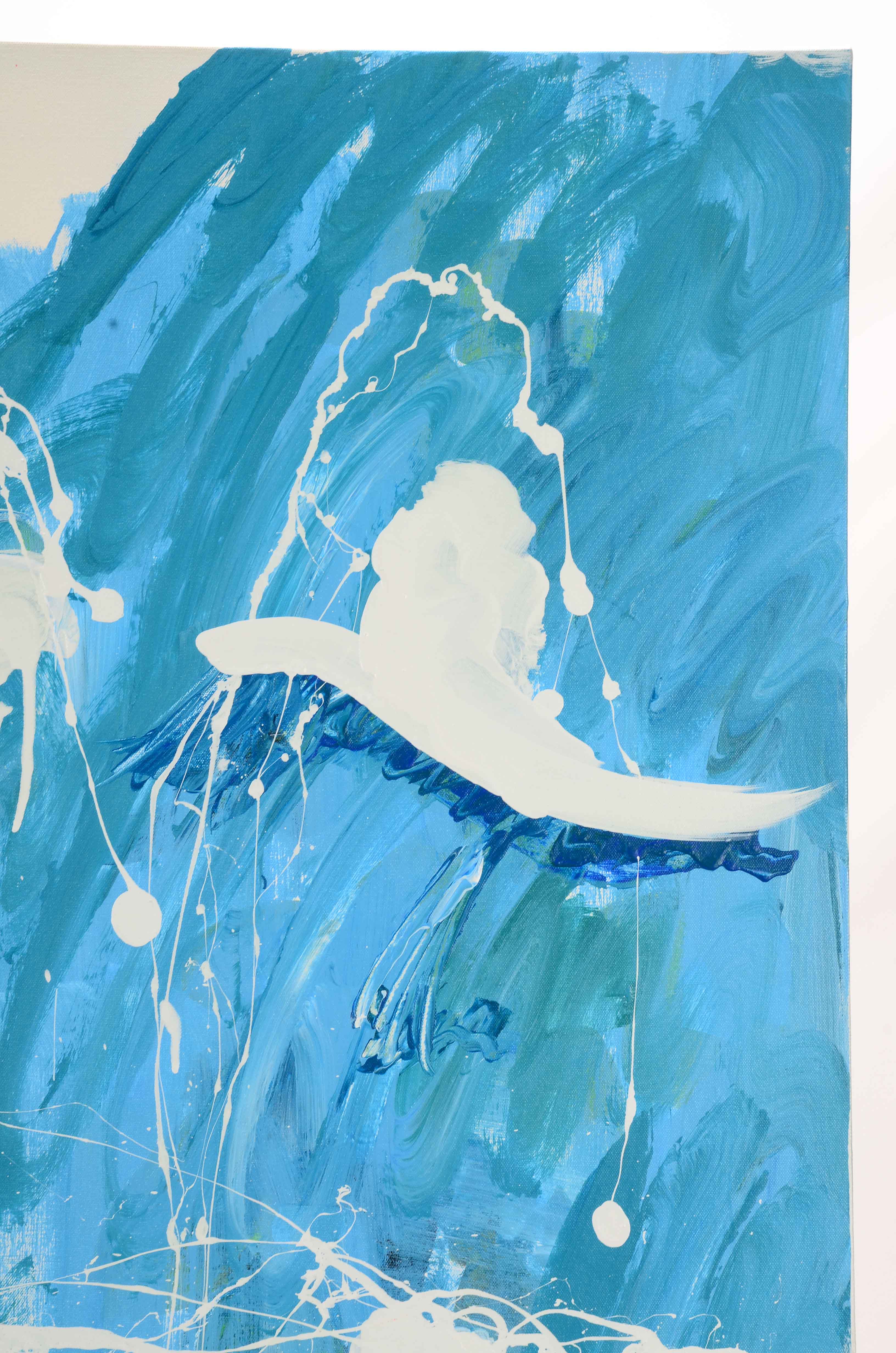 J. Popolin Abstract Acrylic Painting "Blue Green White Swirls"