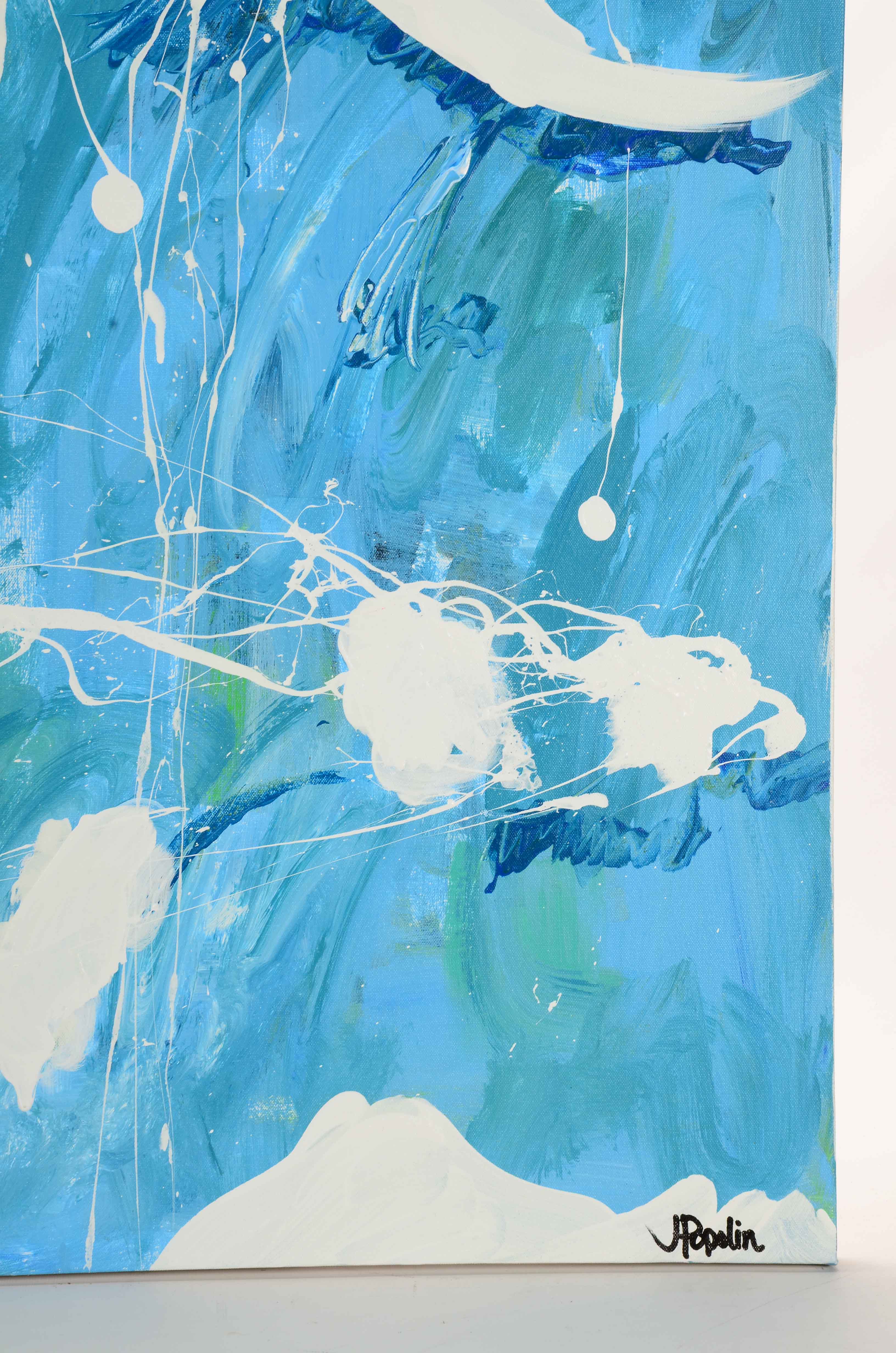 J. Popolin Abstract Acrylic Painting "Blue Green White Swirls"