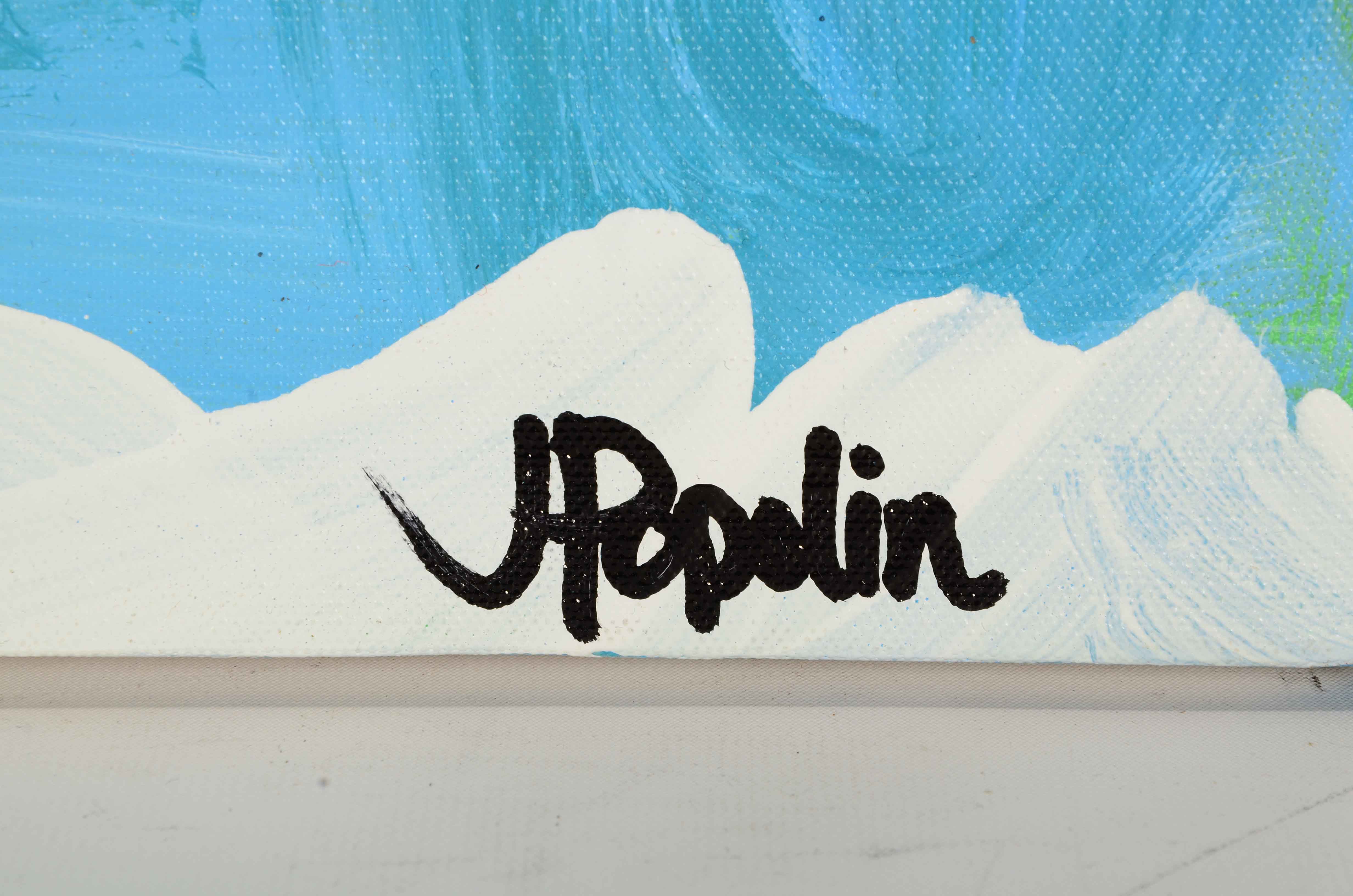 J. Popolin Abstract Acrylic Painting "Blue Green White Swirls"