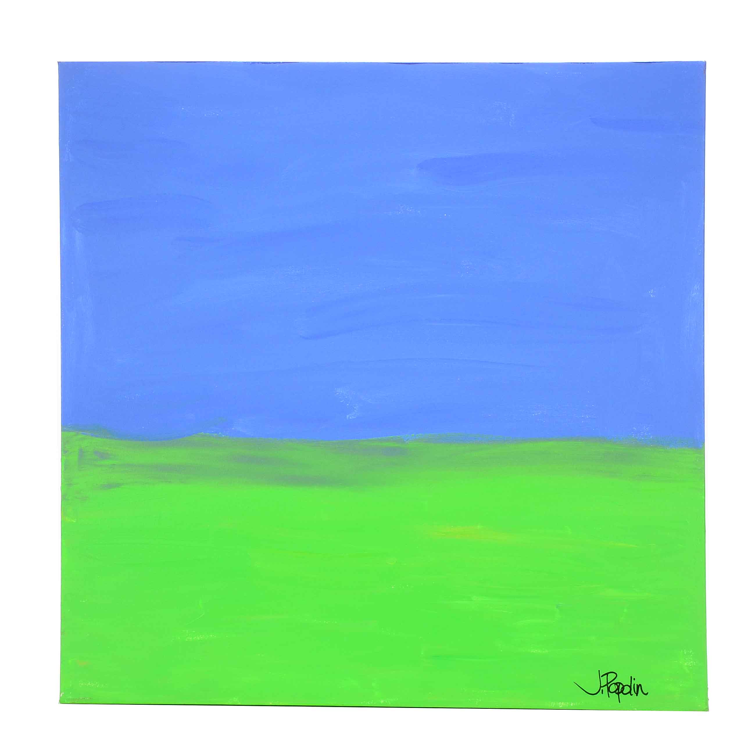 J. Popolin Acrylic Painting on Canvas "Blue, Green Fields"