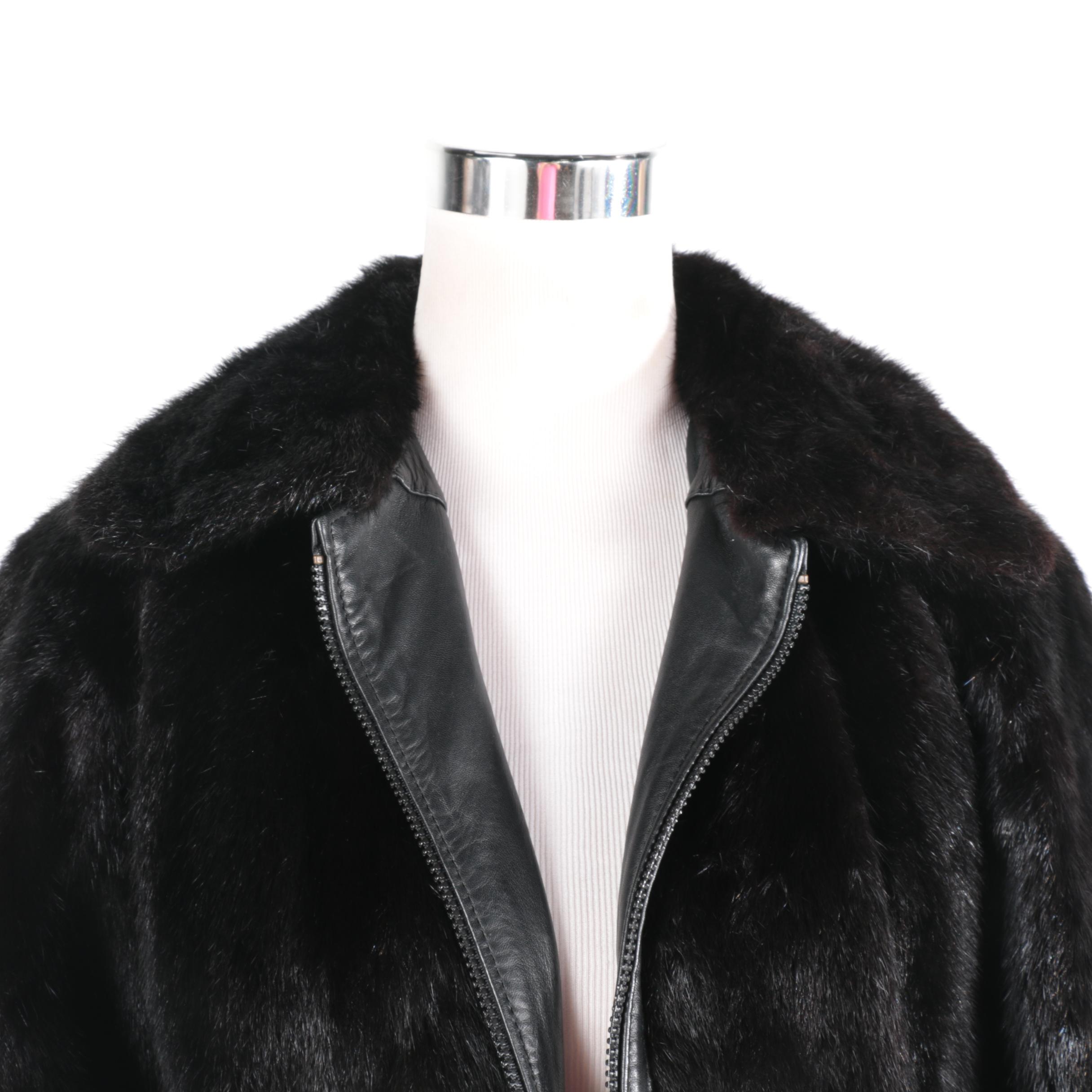 Reversible Black Mink Fur and Black Leather Zipper Front Jacket