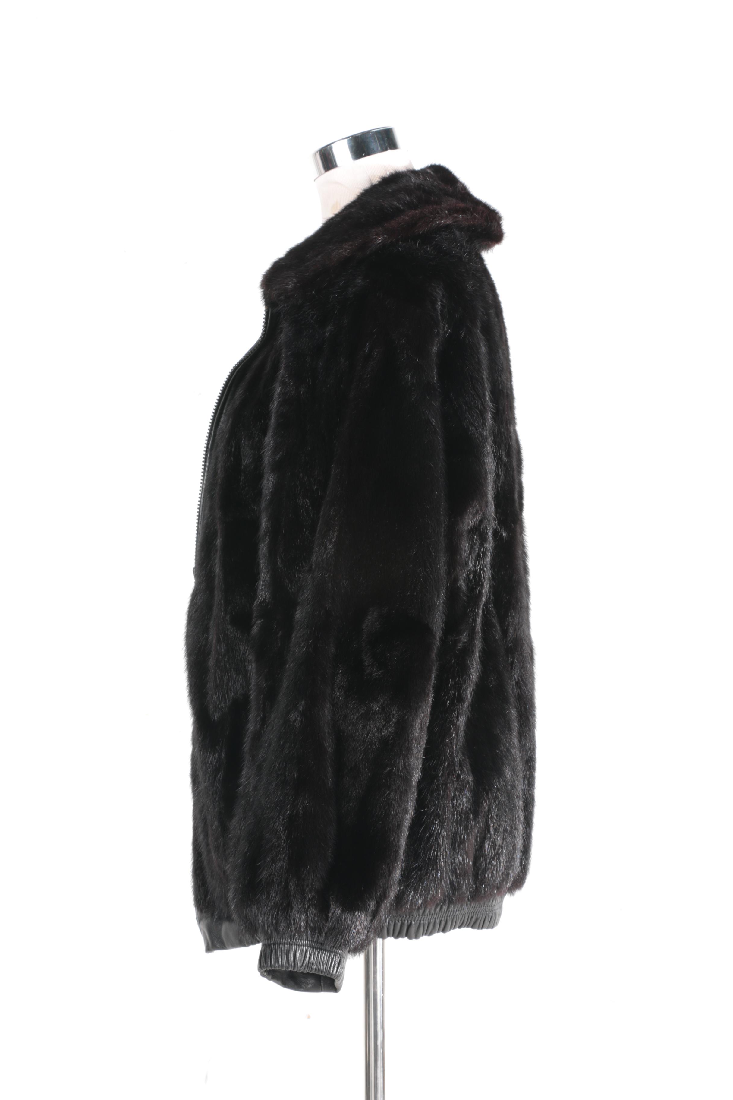Reversible Black Mink Fur and Black Leather Zipper Front Jacket