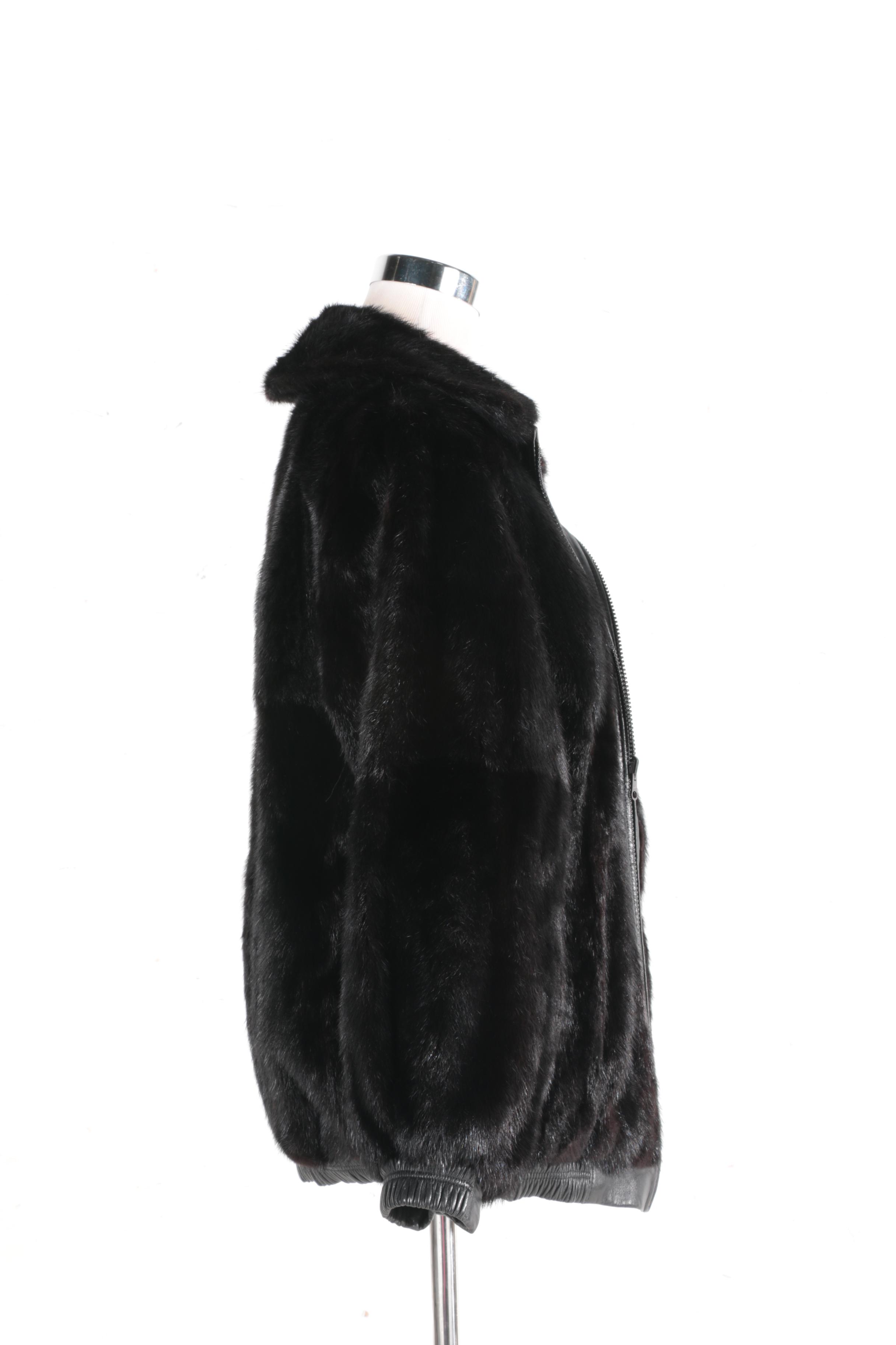 Reversible Black Mink Fur and Black Leather Zipper Front Jacket