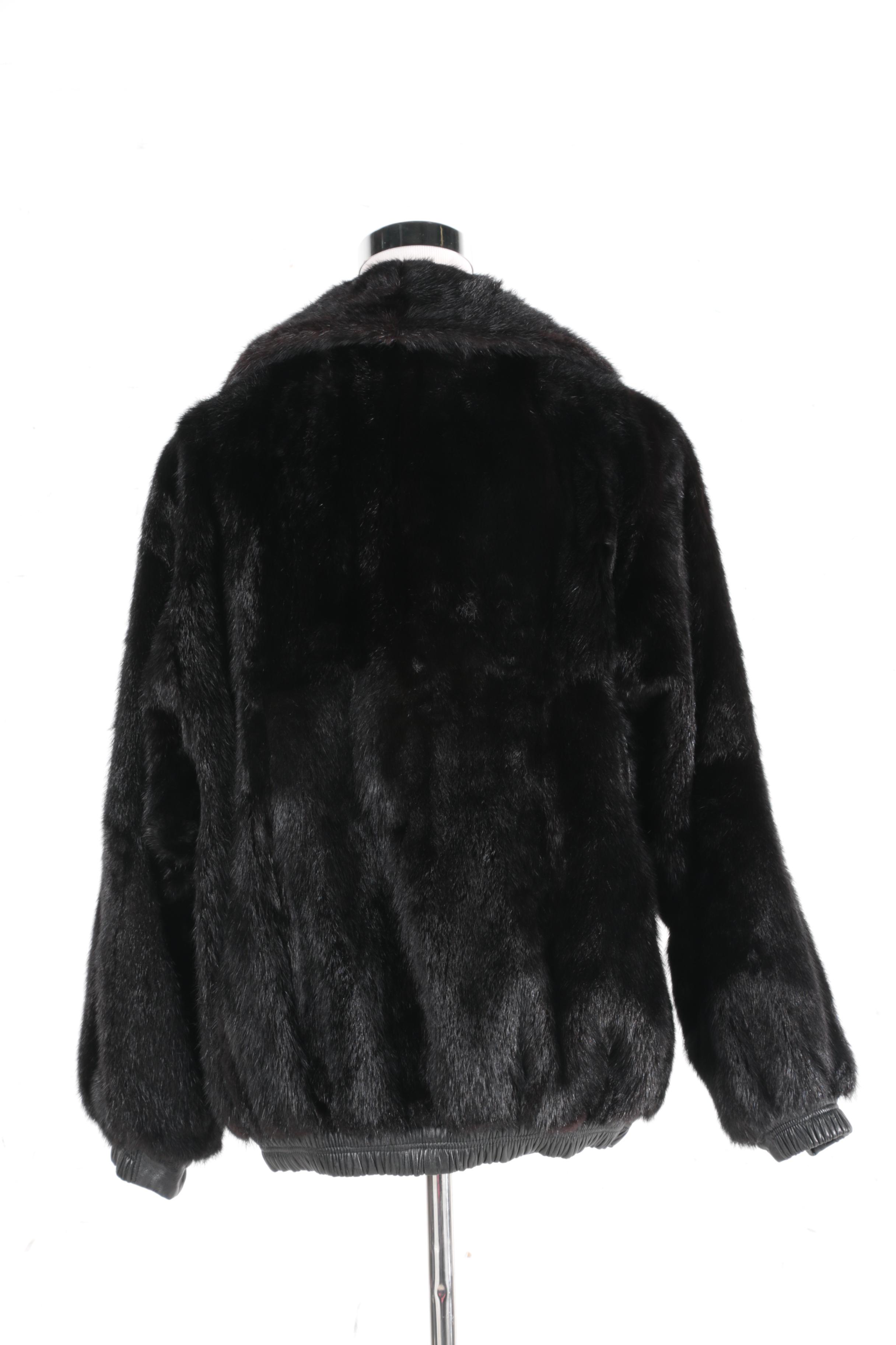 Reversible Black Mink Fur and Black Leather Zipper Front Jacket
