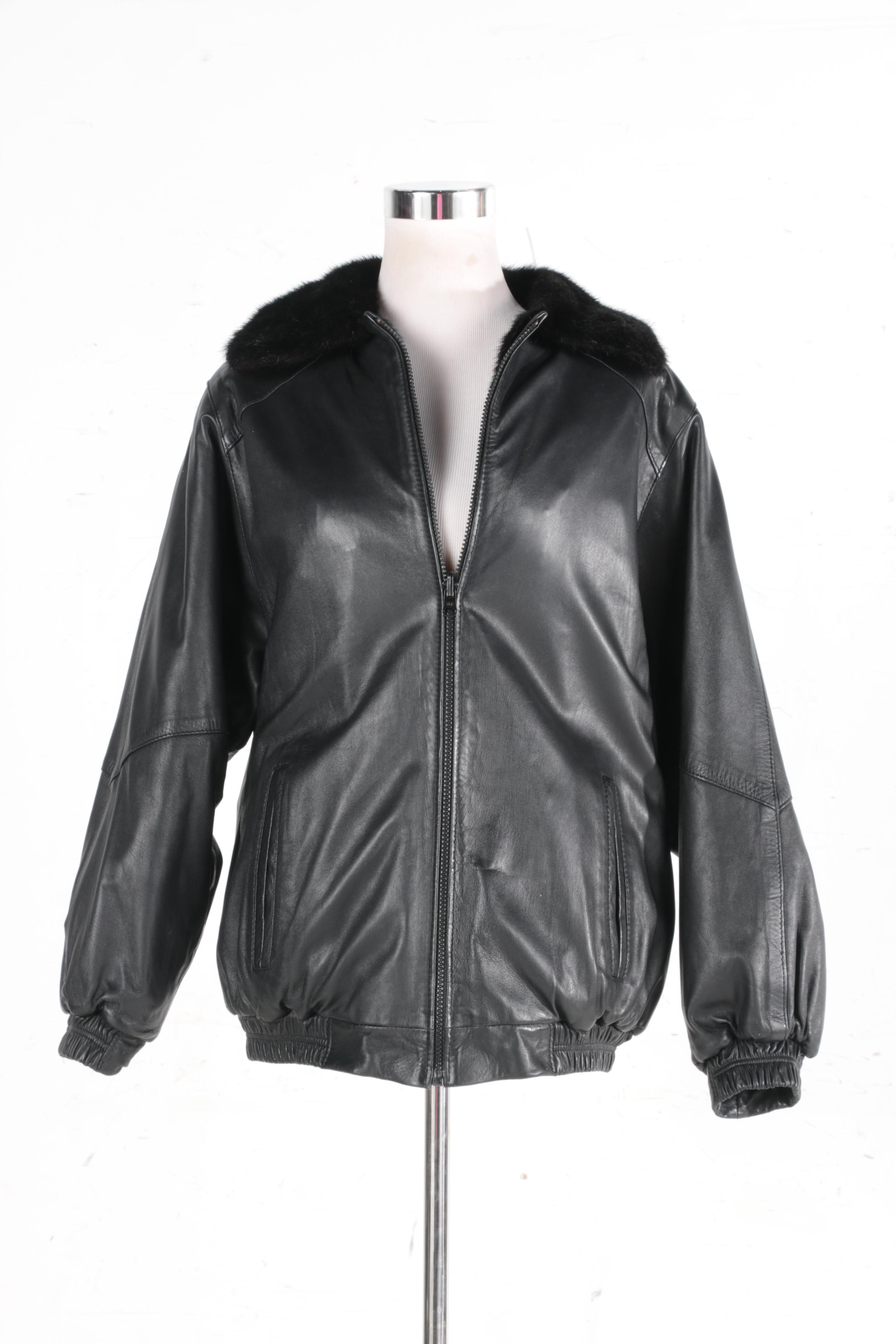 Reversible Black Mink Fur and Black Leather Zipper Front Jacket