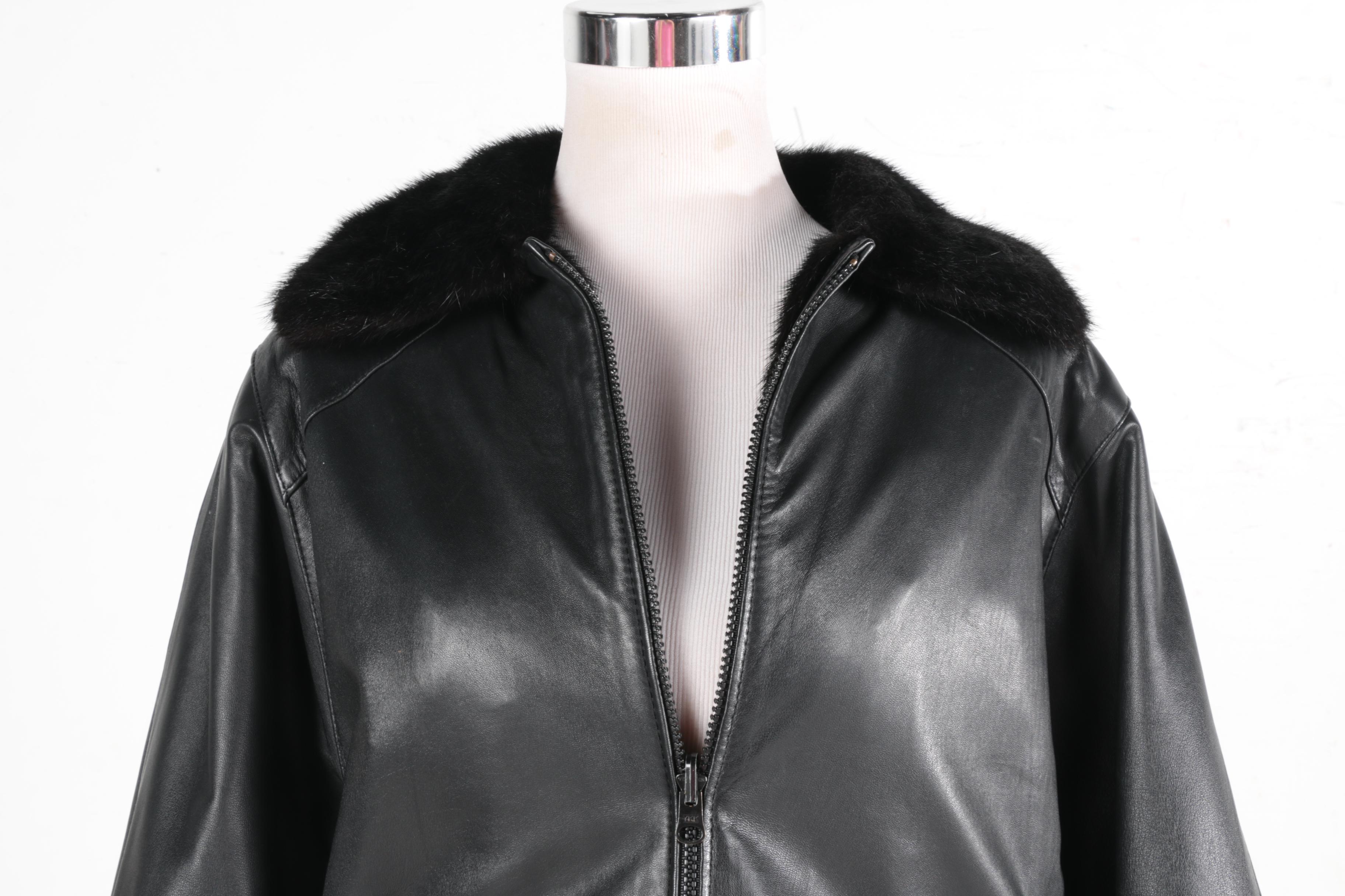 Reversible Black Mink Fur and Black Leather Zipper Front Jacket