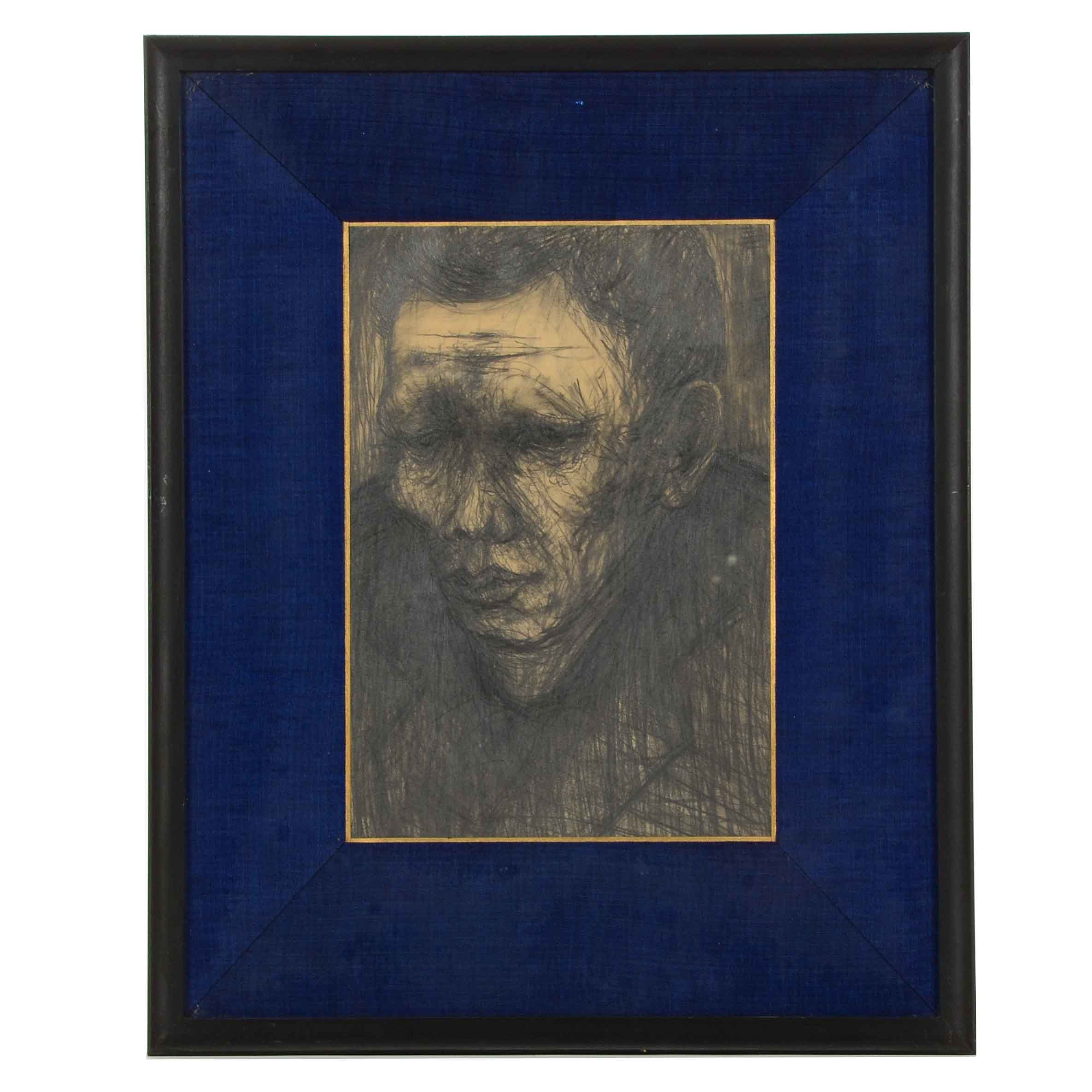 Original Graphite Drawing "Laborer" Atrributed to Takeshi Saito