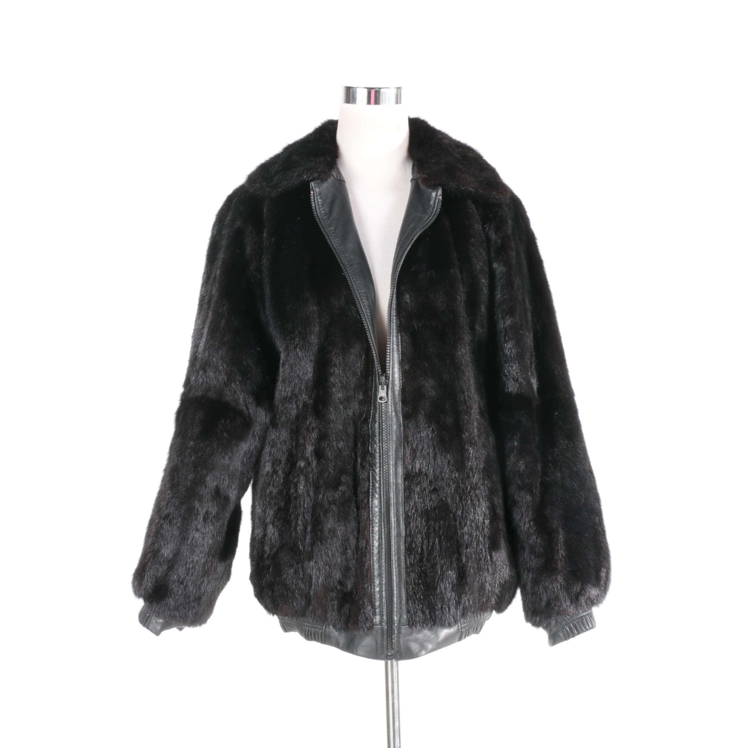 Reversible Black Mink Fur and Black Leather Zipper Front Jacket
