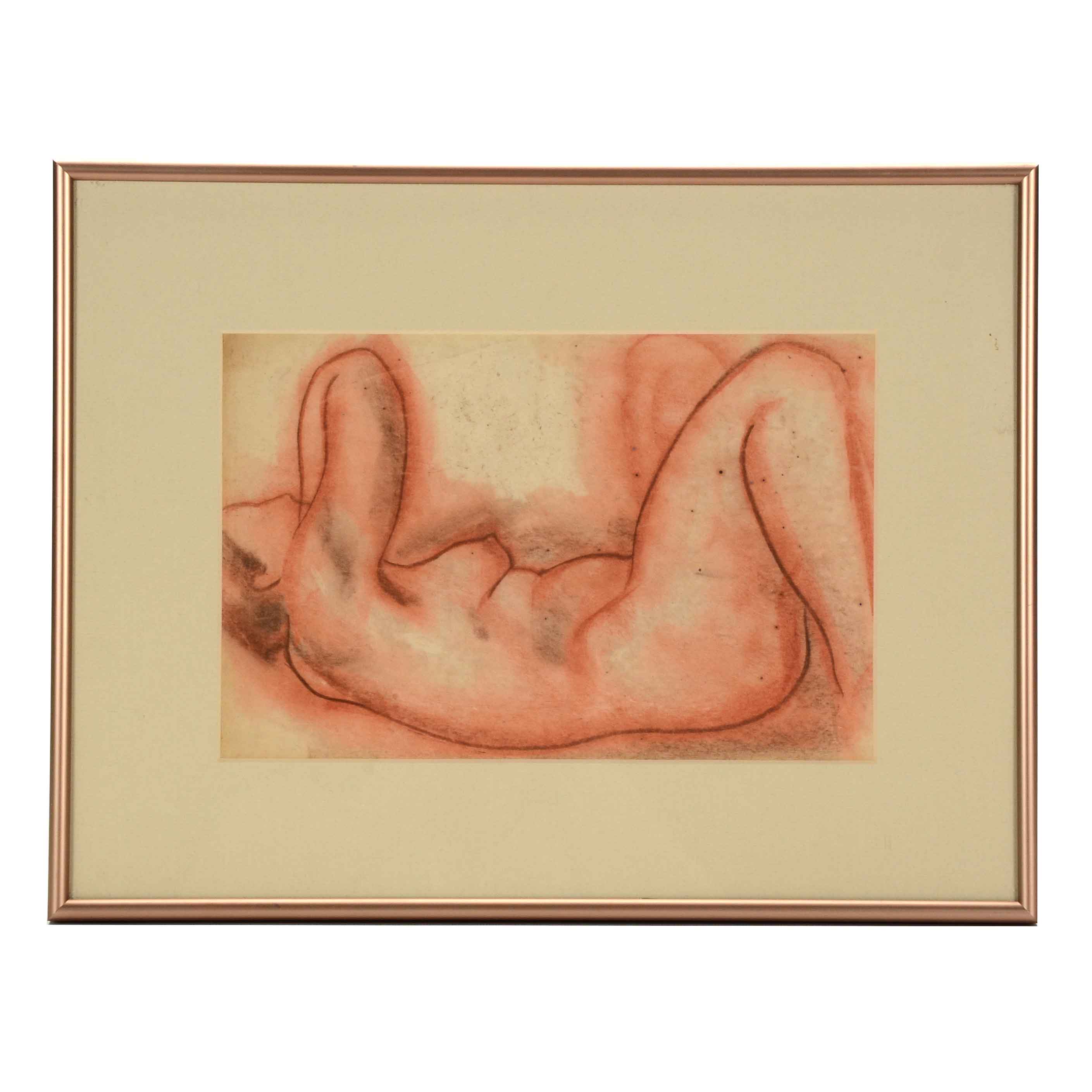 Mixed Media Figure Drawing on Paper Attributed to George Campbell