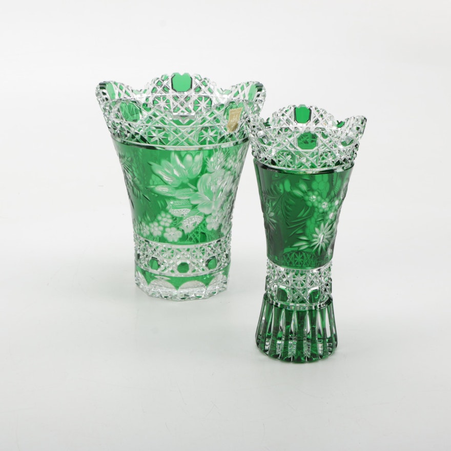 Pair of Bohemian Green Flashed Cut to Clear Vases