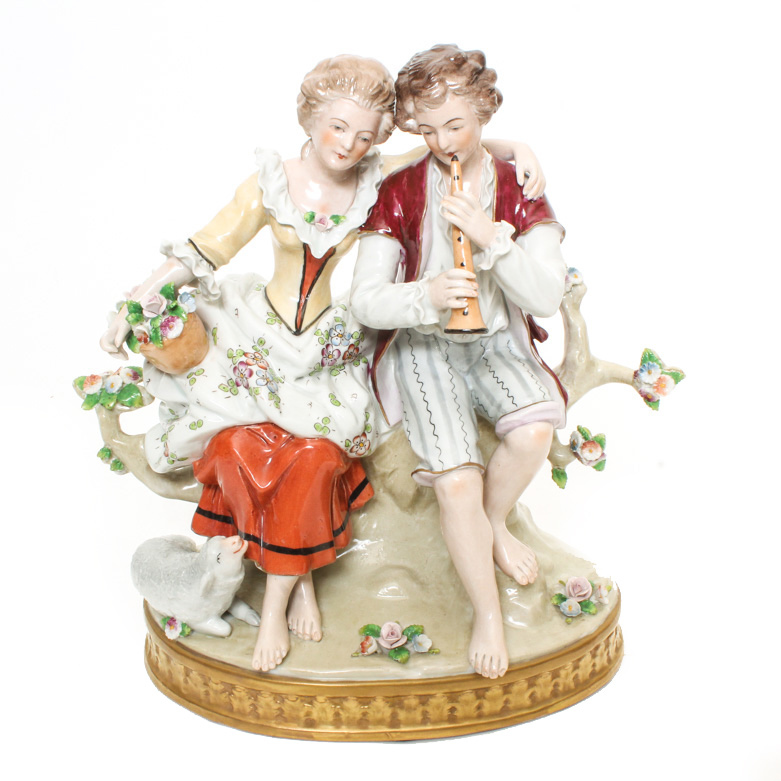 Sitzendorf Porcelain Figurine of a Couple with Sheep