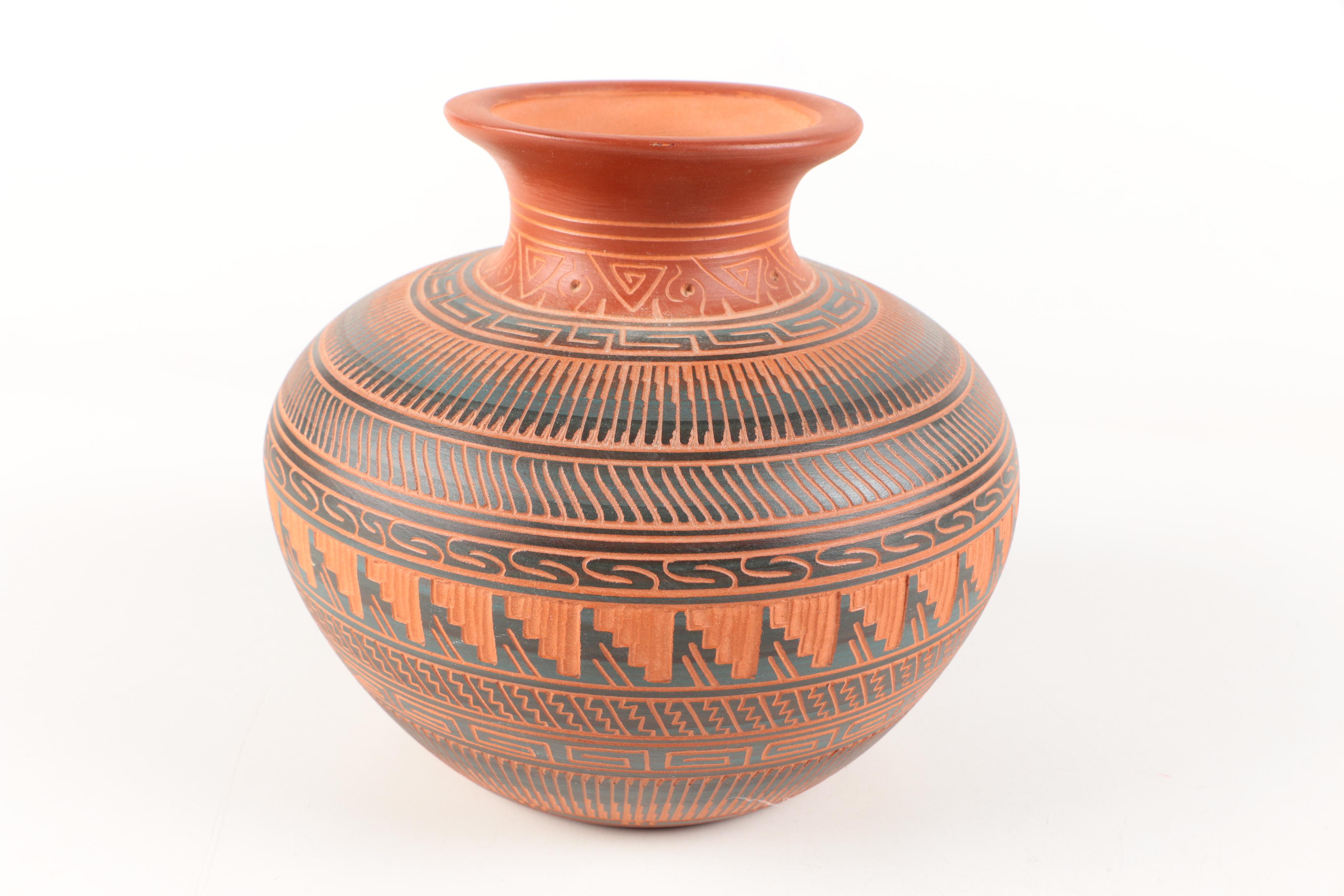 Artisan Signed Decorative Incised Terracotta Vase