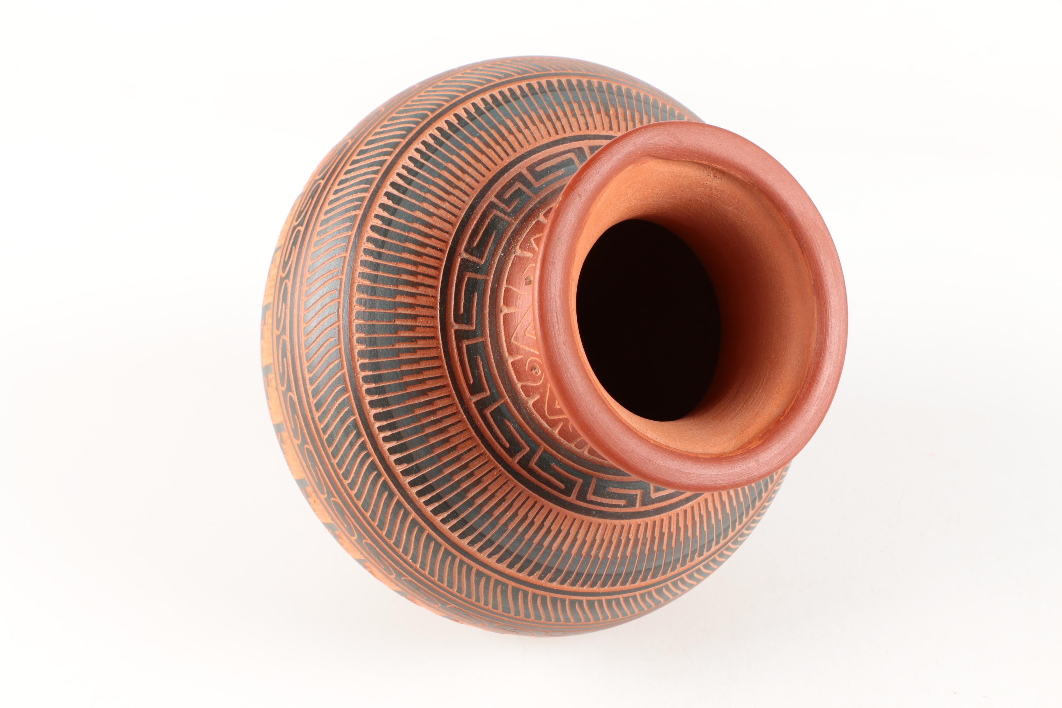 Artisan Signed Decorative Incised Terracotta Vase