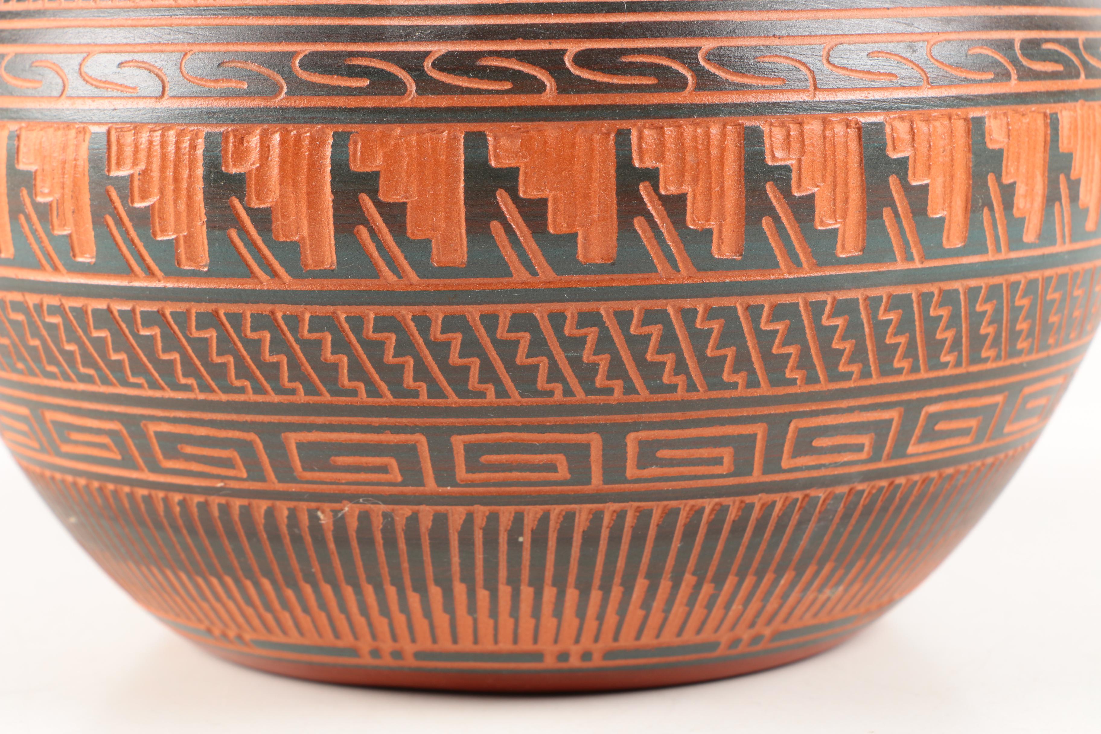 Artisan Signed Decorative Incised Terracotta Vase