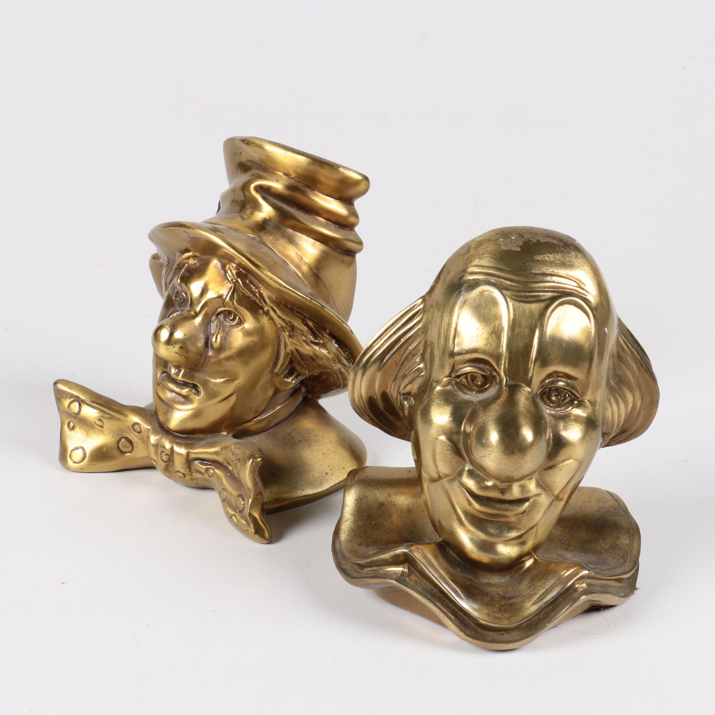 Vintage Brass Clown Head Bookends