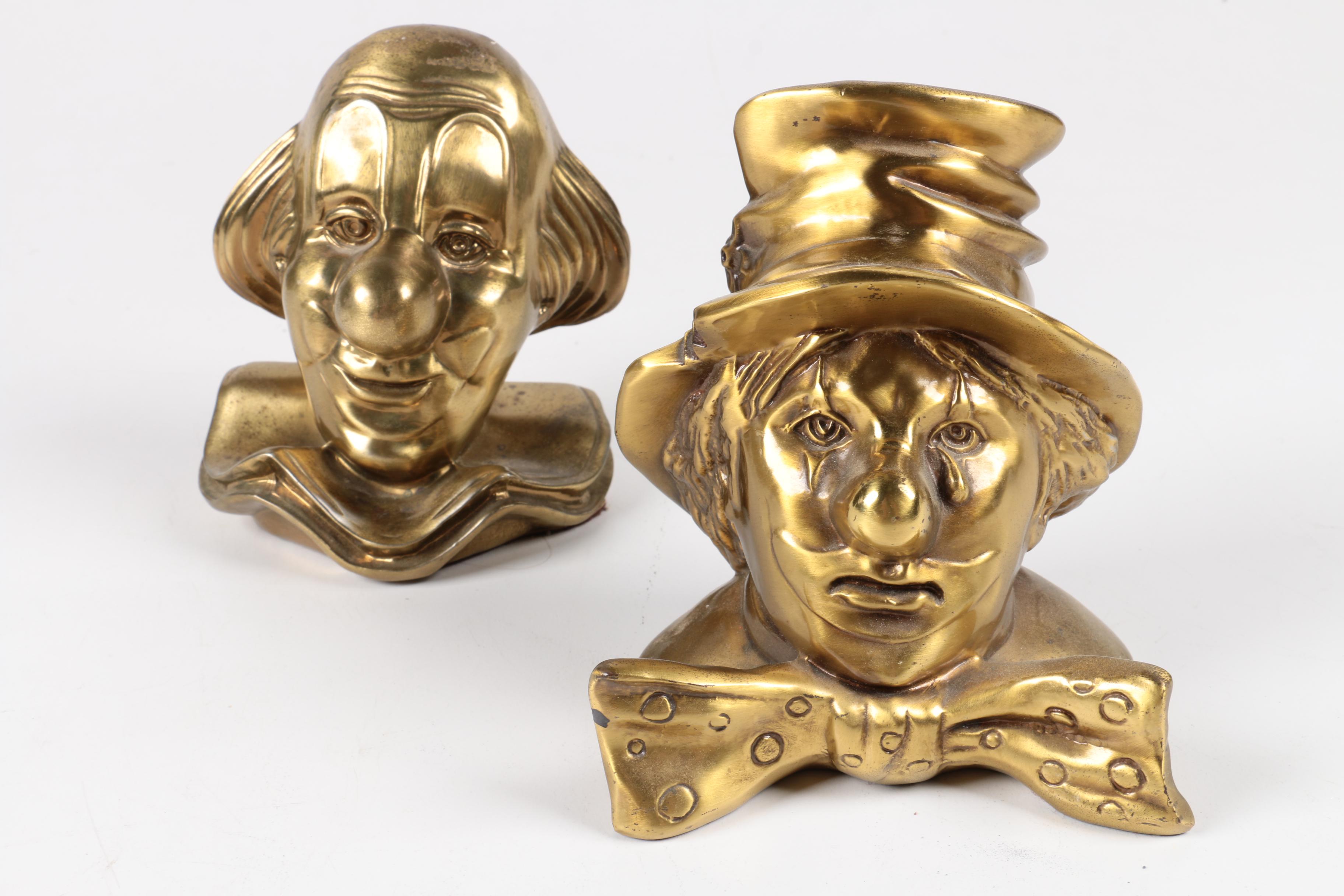 Vintage Brass Clown Head Bookends