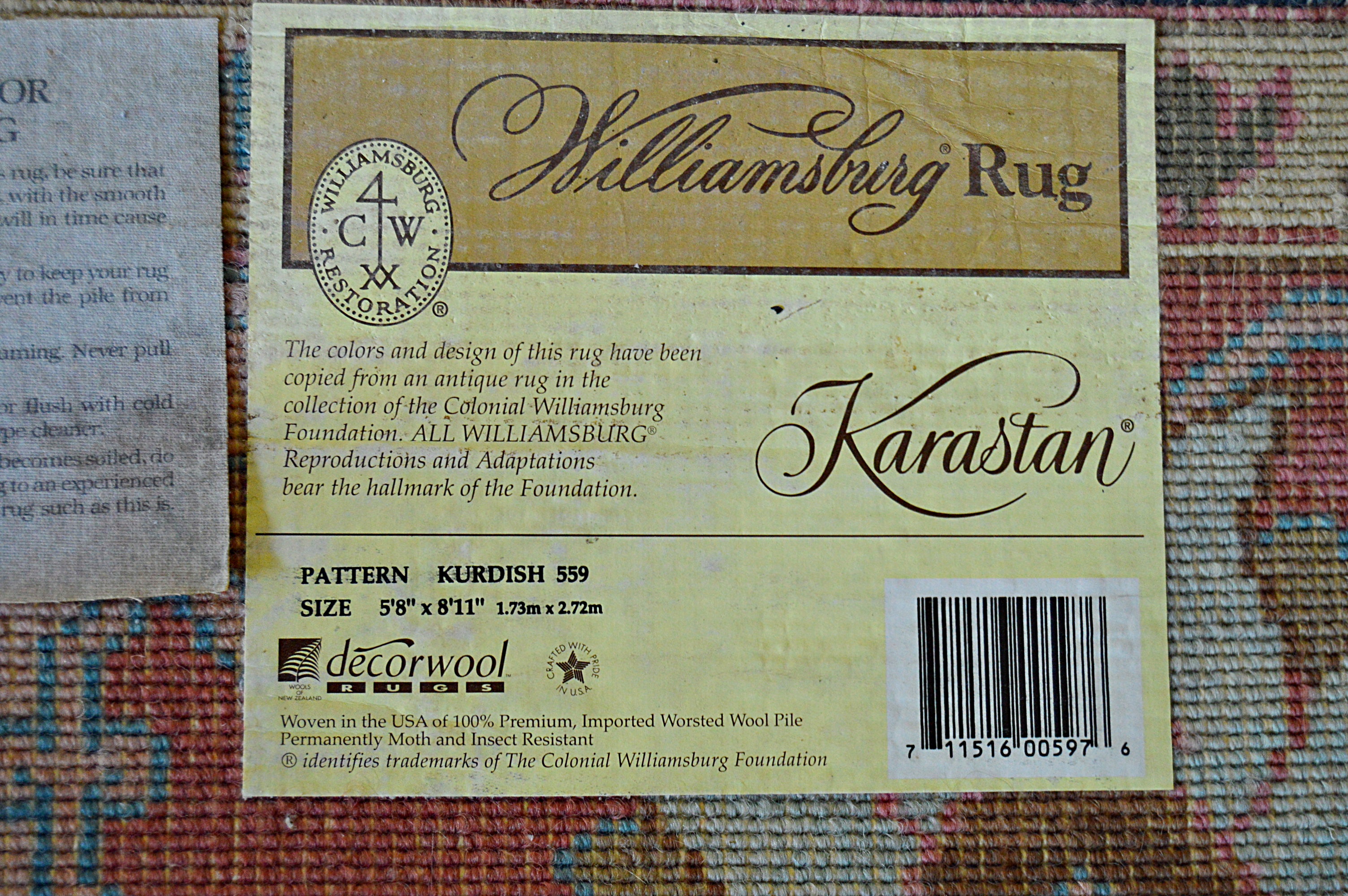 Karastan Colonial Williamsburg "Kurdish" Wool Area Rug