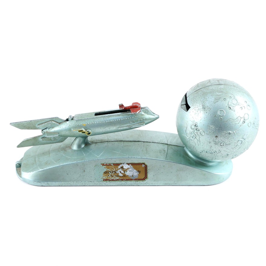 Vintage Strato Rocket and Moon Metal Mechanical Coin Bank
