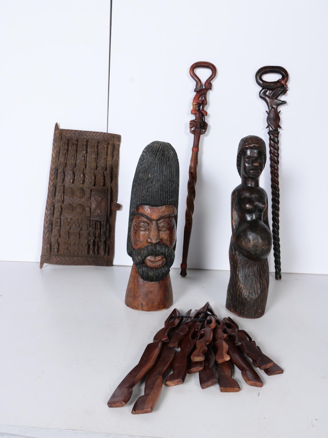 Carved Wood Sculptures, Figurines, Kenyan Style Staffs and Plaque