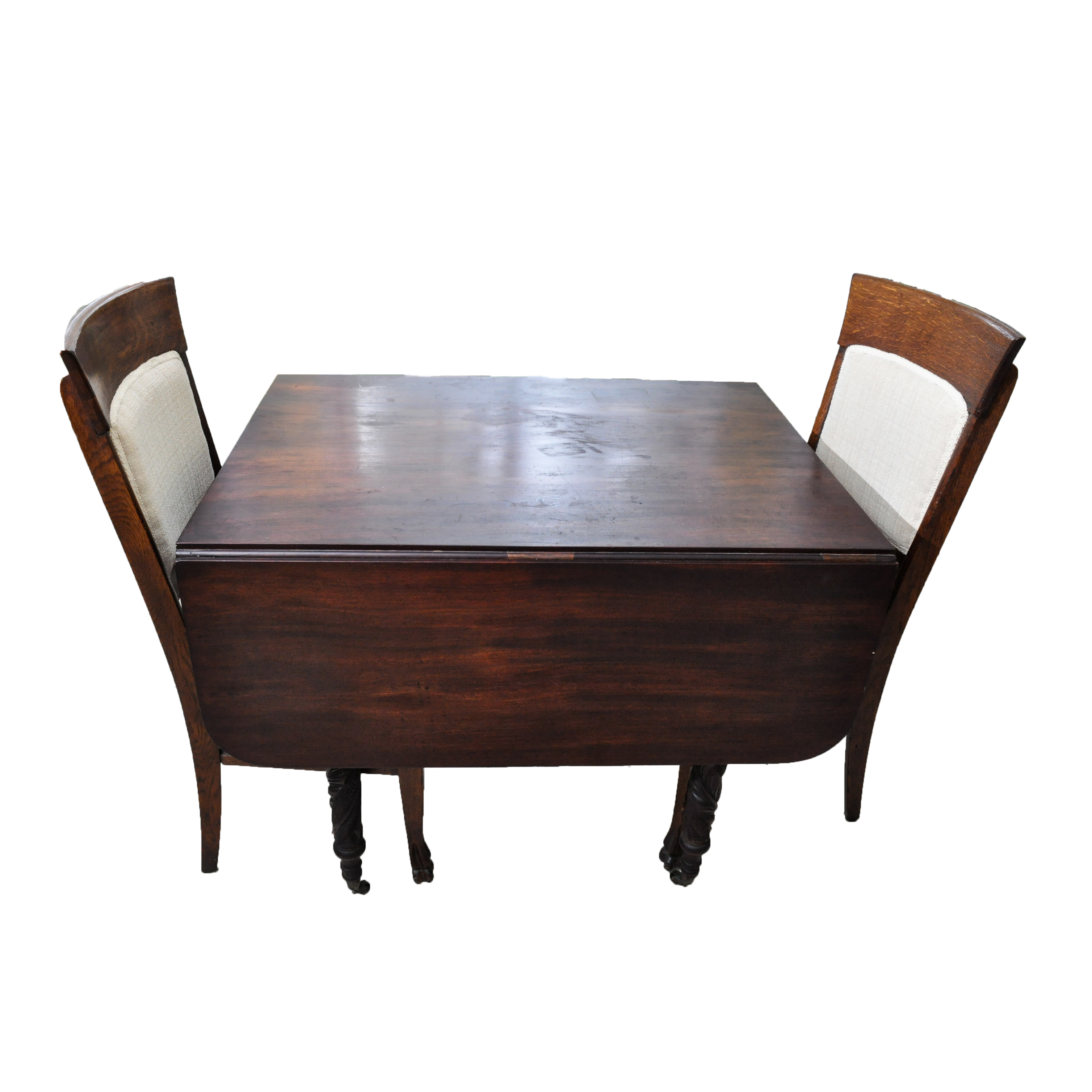 Antique American Late Federal Carved Mahogany Table with Two Oak Chairs