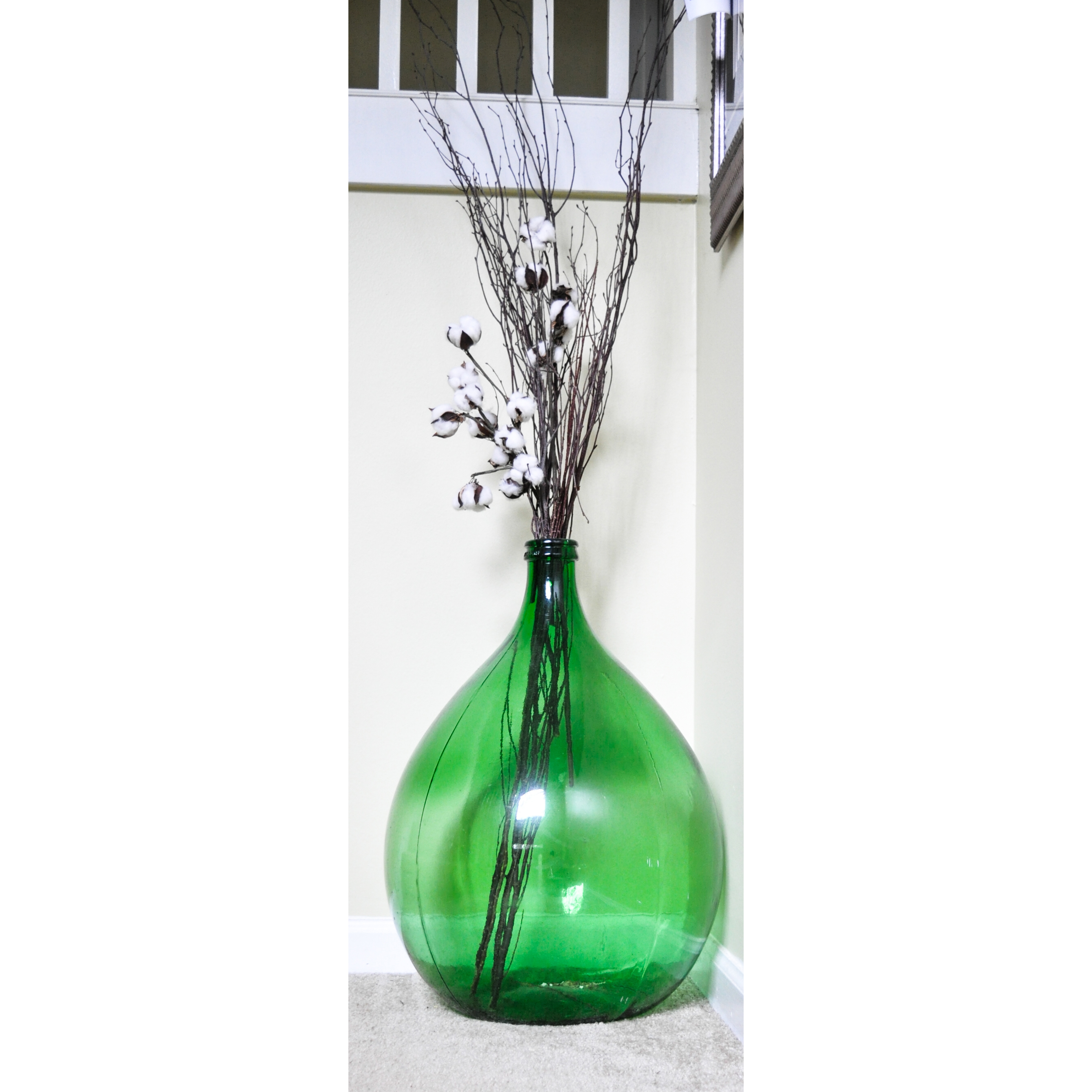 Large Green Pressed Glass Vase with Cotton Accents