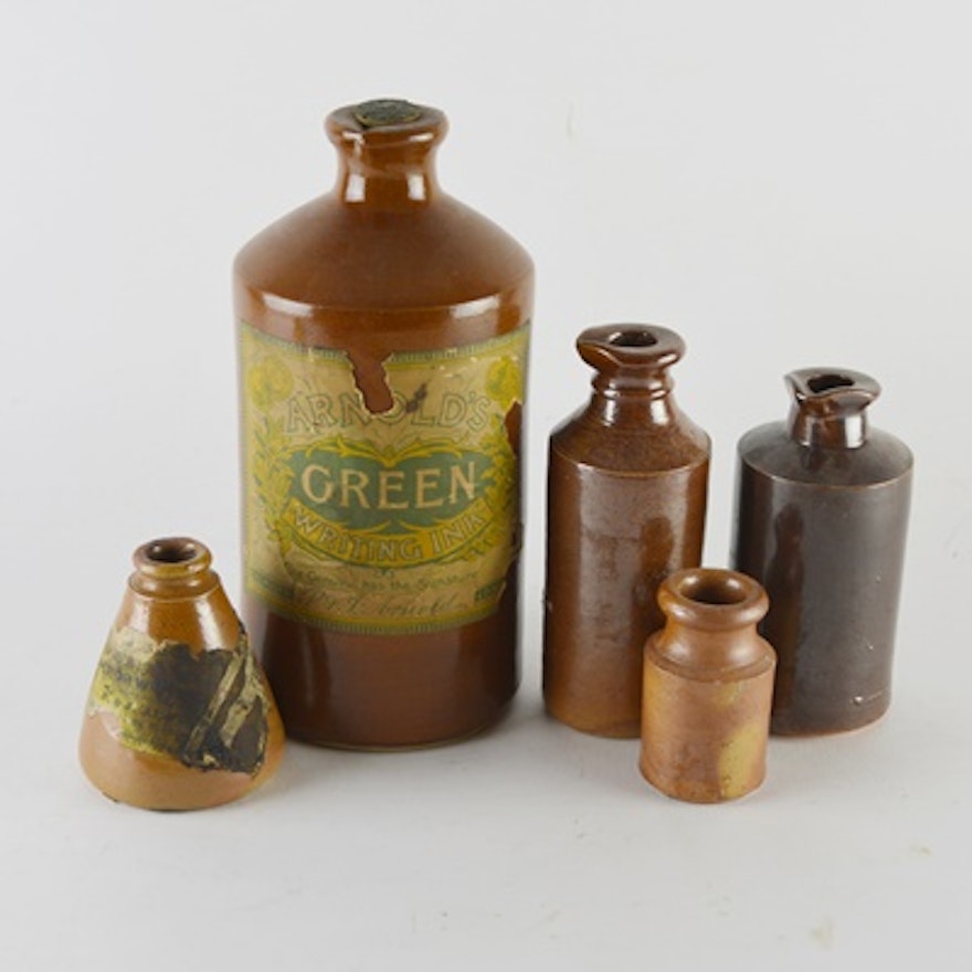 Arnold's Green Writing Ink Stoneware Bottle and Other Stoneware Ink Bottles