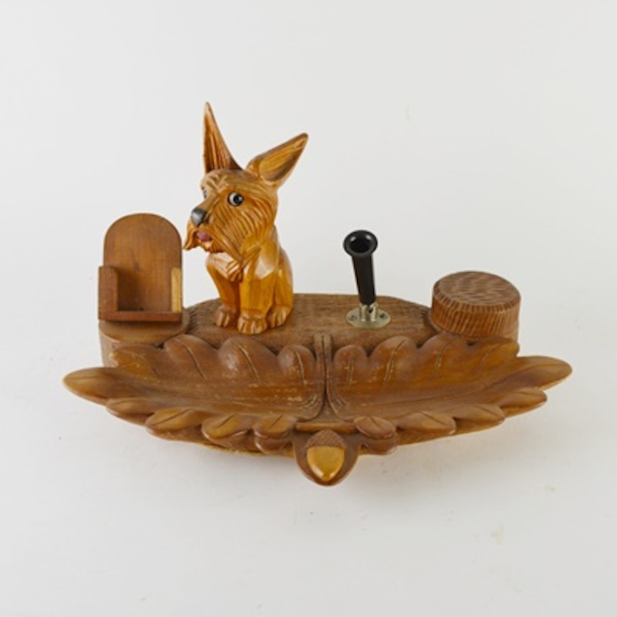 Dog Figural Wood Inkwell and Desk Stand After Black Forest Designs