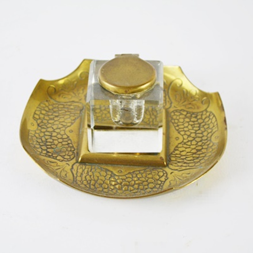 Vintage Blown Glass Inkwell and Brass Tray Set