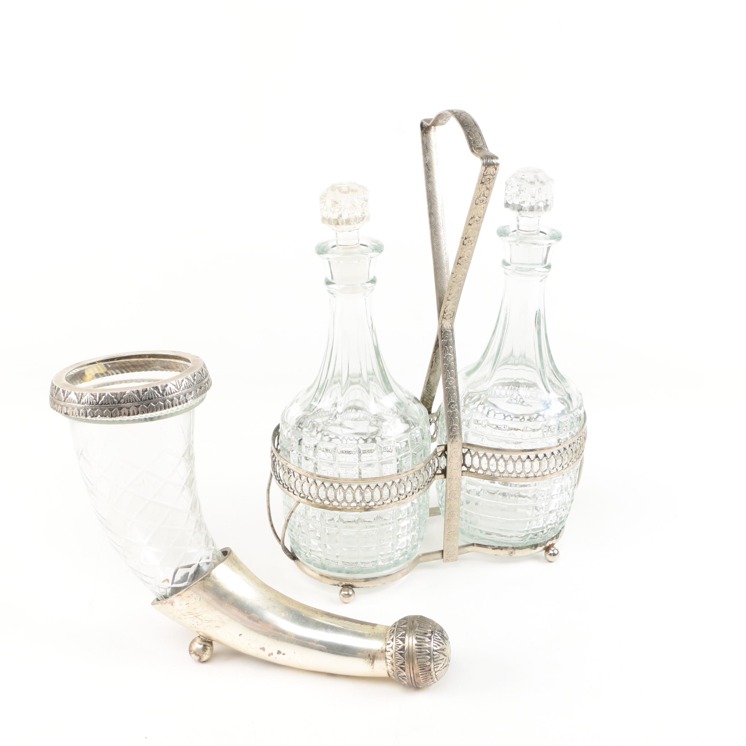 Glass Decanters with Rack and Drinking Horn