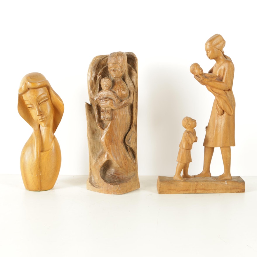Three Wood Hand Carved Woman Figures