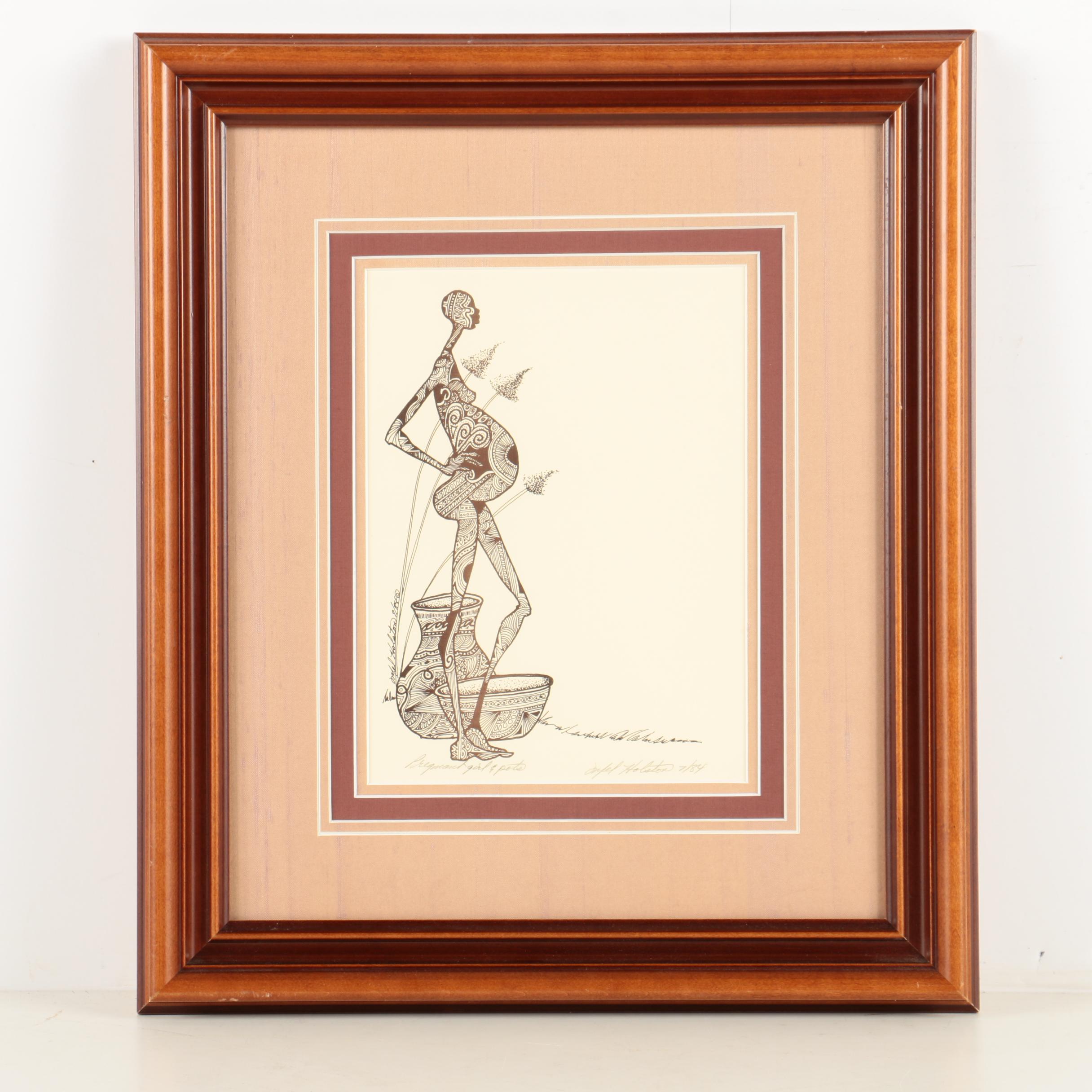 Mel Holston Serigraph on Laid Paper "Pregnant Girl And Pots"
