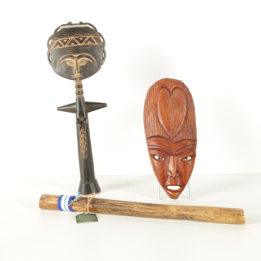 Carved Wood Asante Akua'ba Fertility Doll, Mask, and Cactus Rainstick