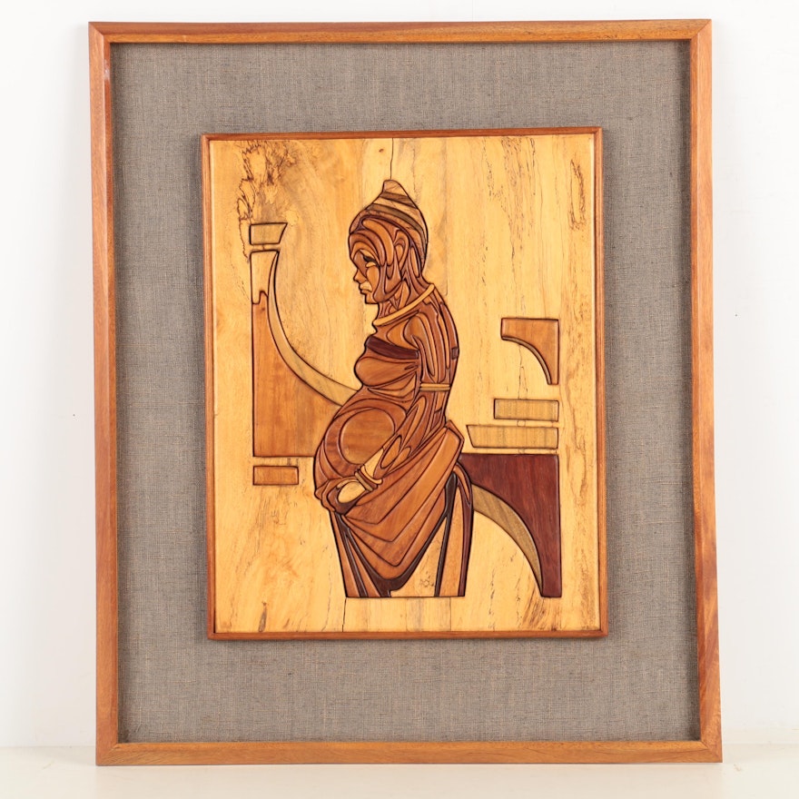 Wood Inlay Mosaic Carving  Portrait of a Woman