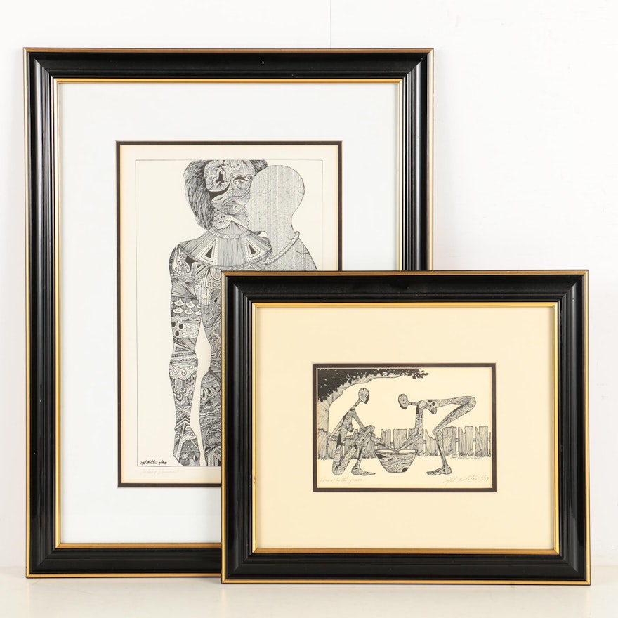 Mel Holston Ink Drawings "Man & Woman" and "Women by the Fence"