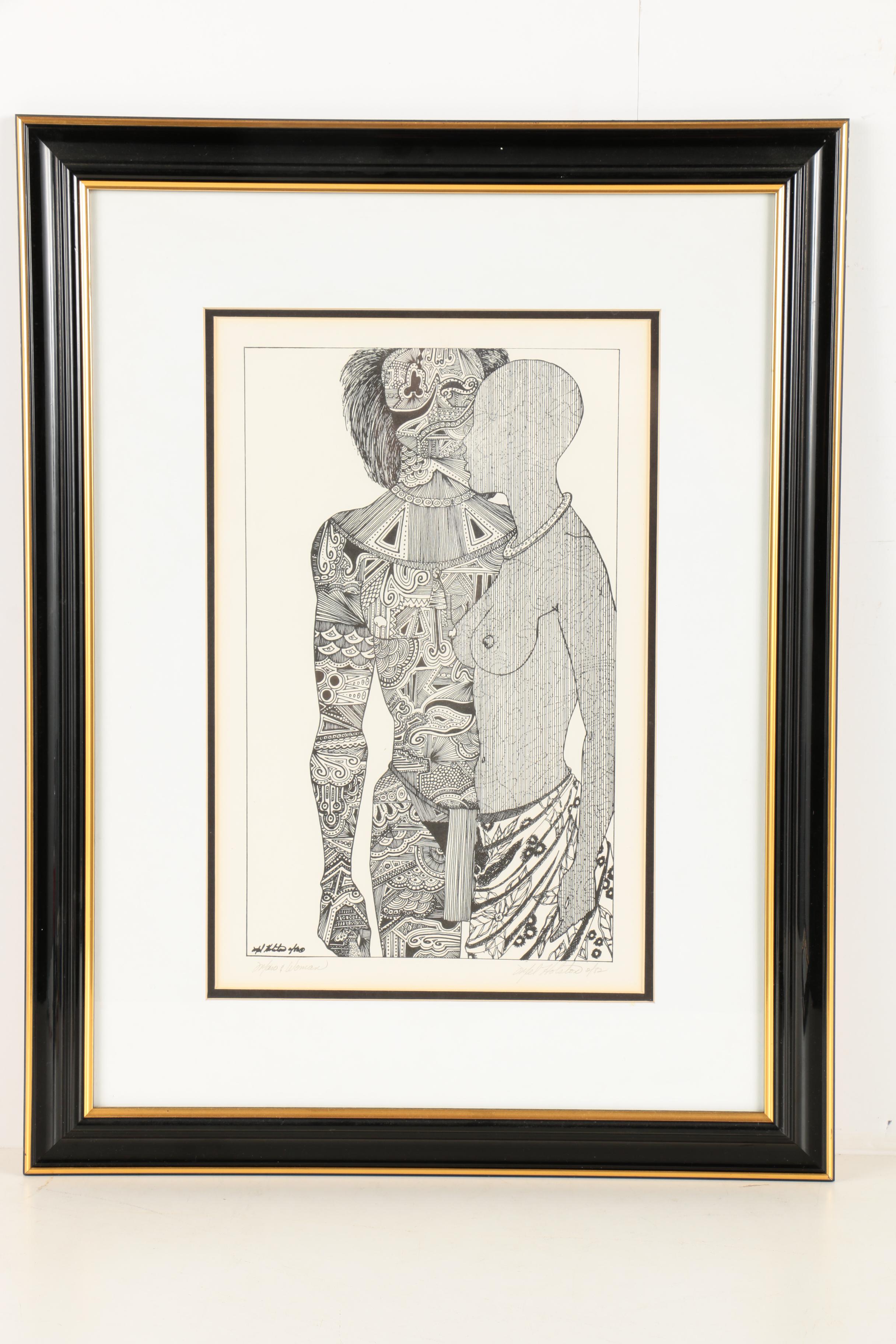 Mel Holston Ink Drawings "Man & Woman" and "Women by the Fence"