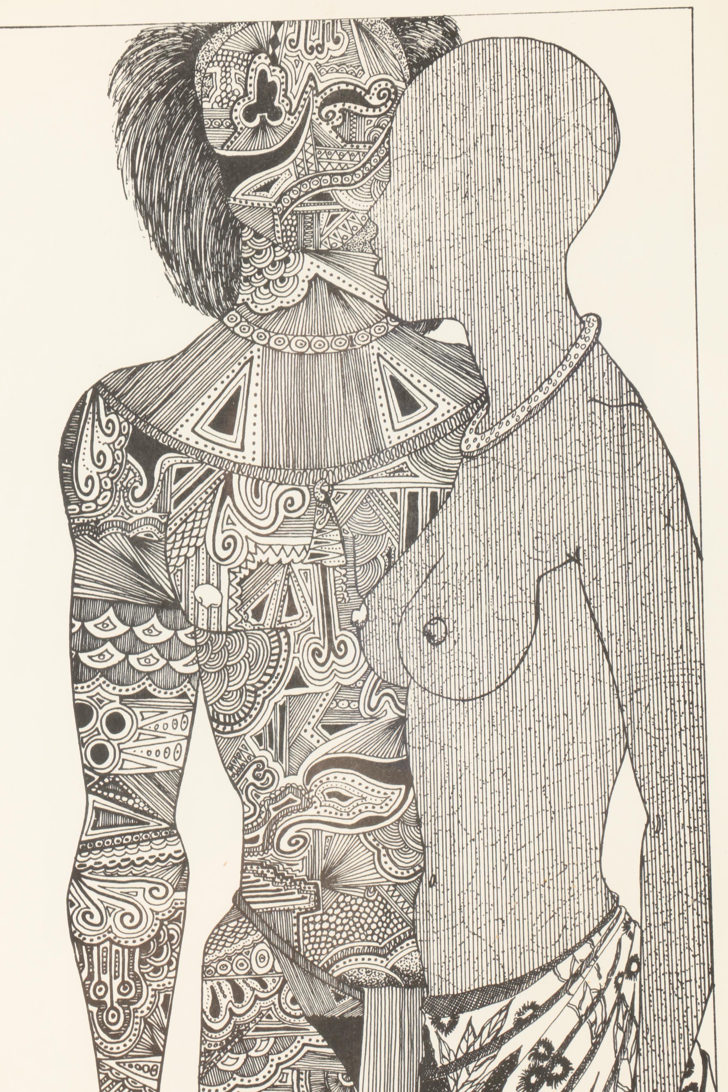 Mel Holston Ink Drawings "Man & Woman" and "Women by the Fence"