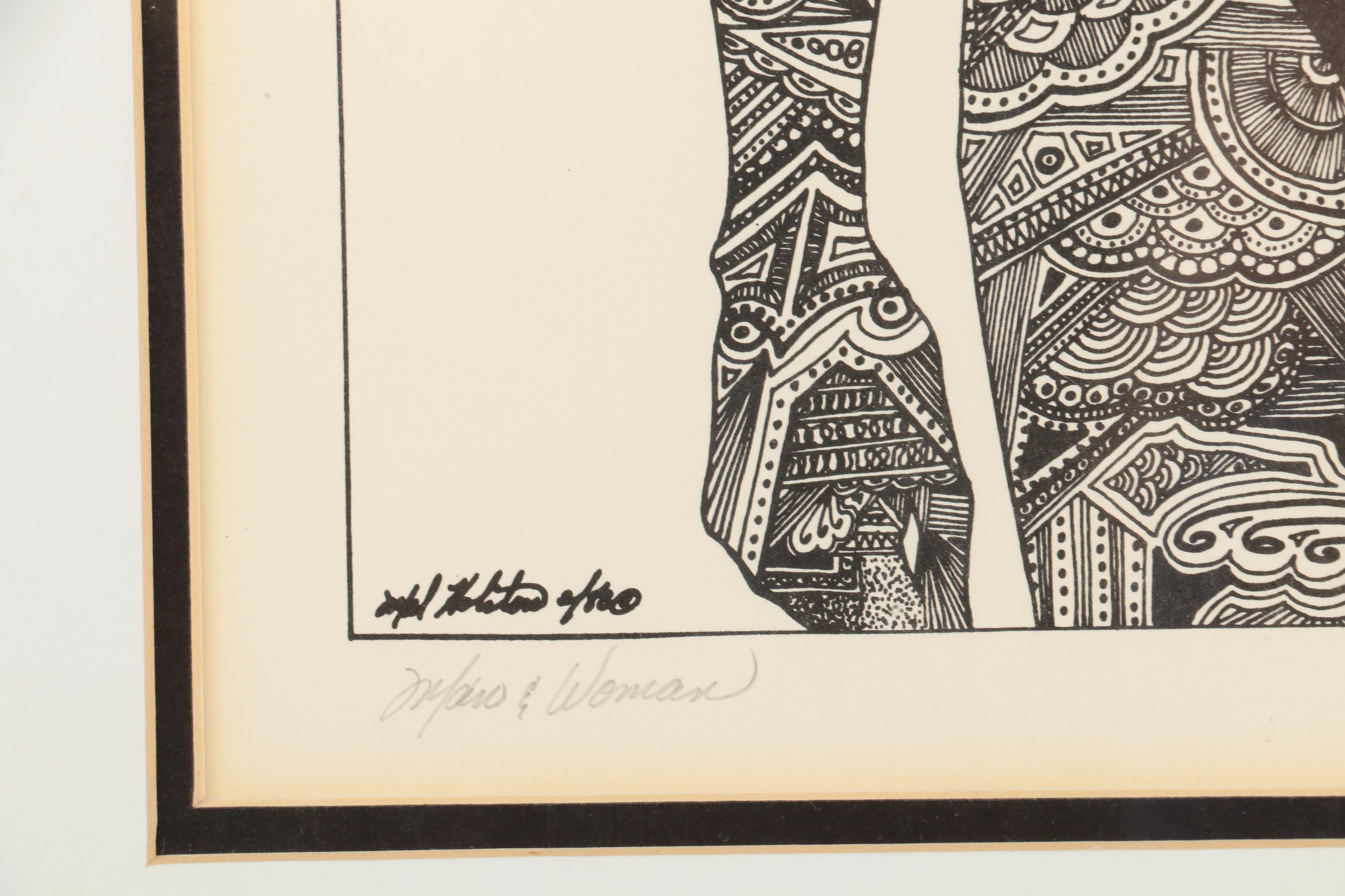 Mel Holston Ink Drawings "Man & Woman" and "Women by the Fence"