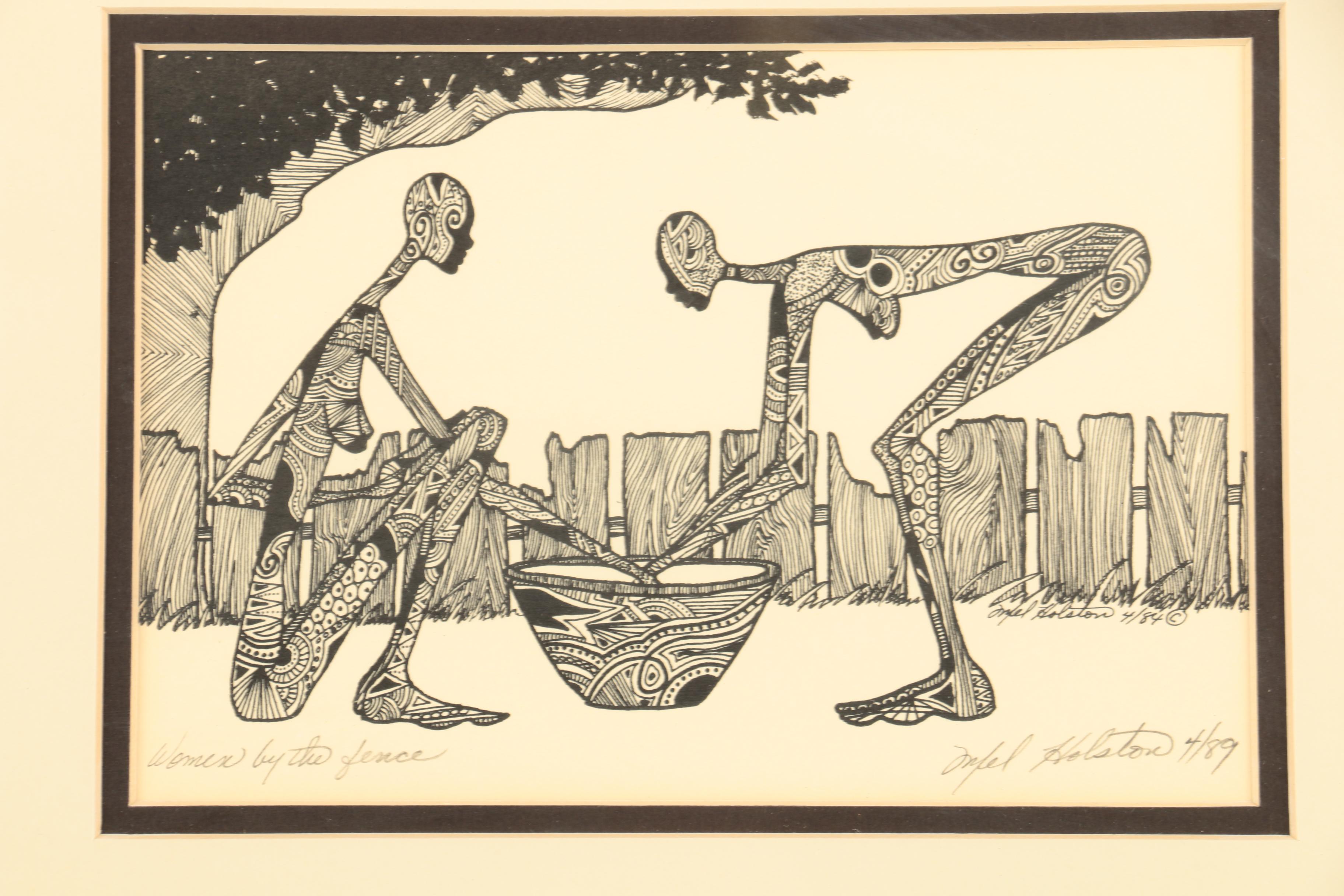 Mel Holston Ink Drawings "Man & Woman" and "Women by the Fence"