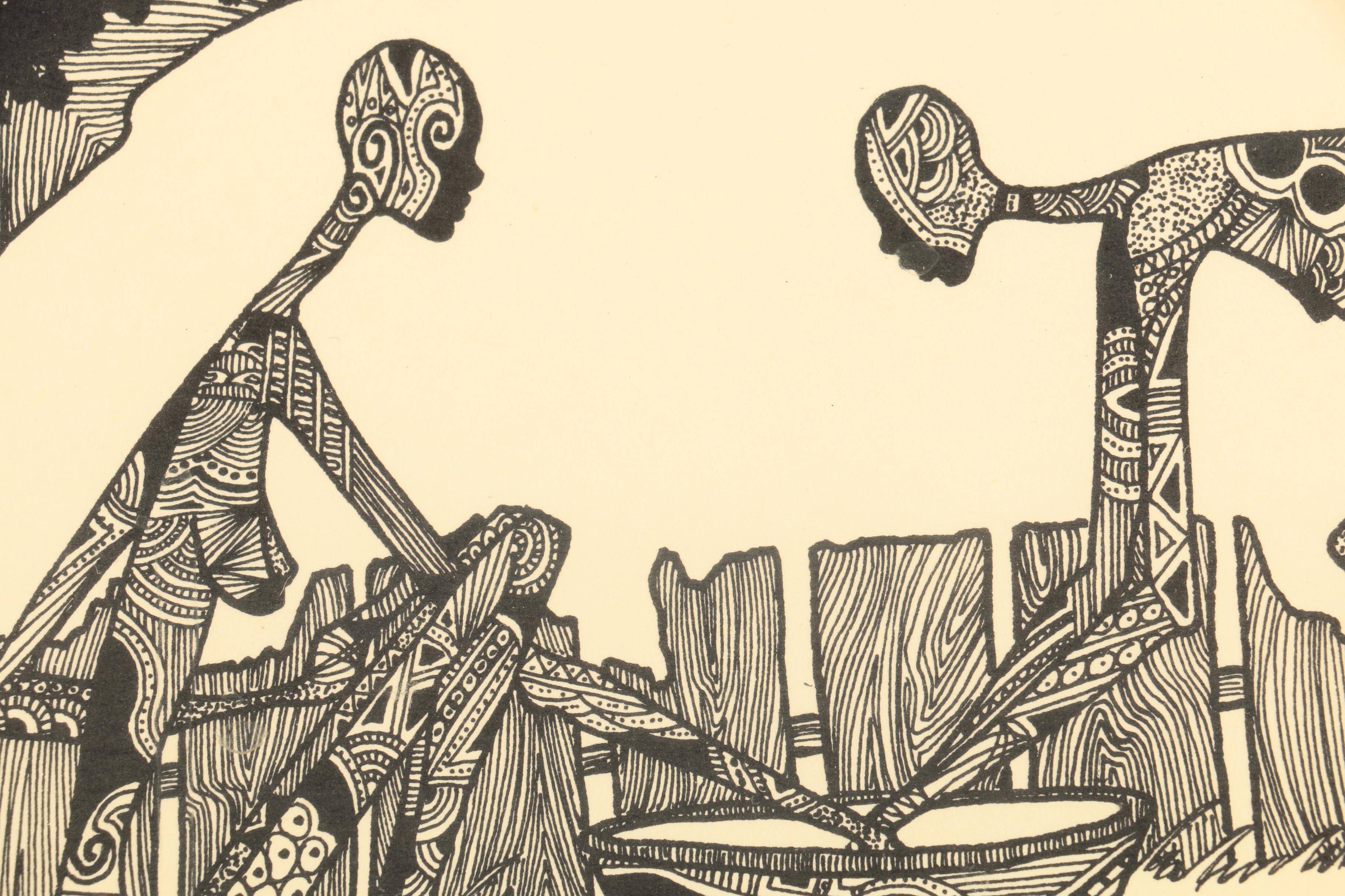 Mel Holston Ink Drawings "Man & Woman" and "Women by the Fence"